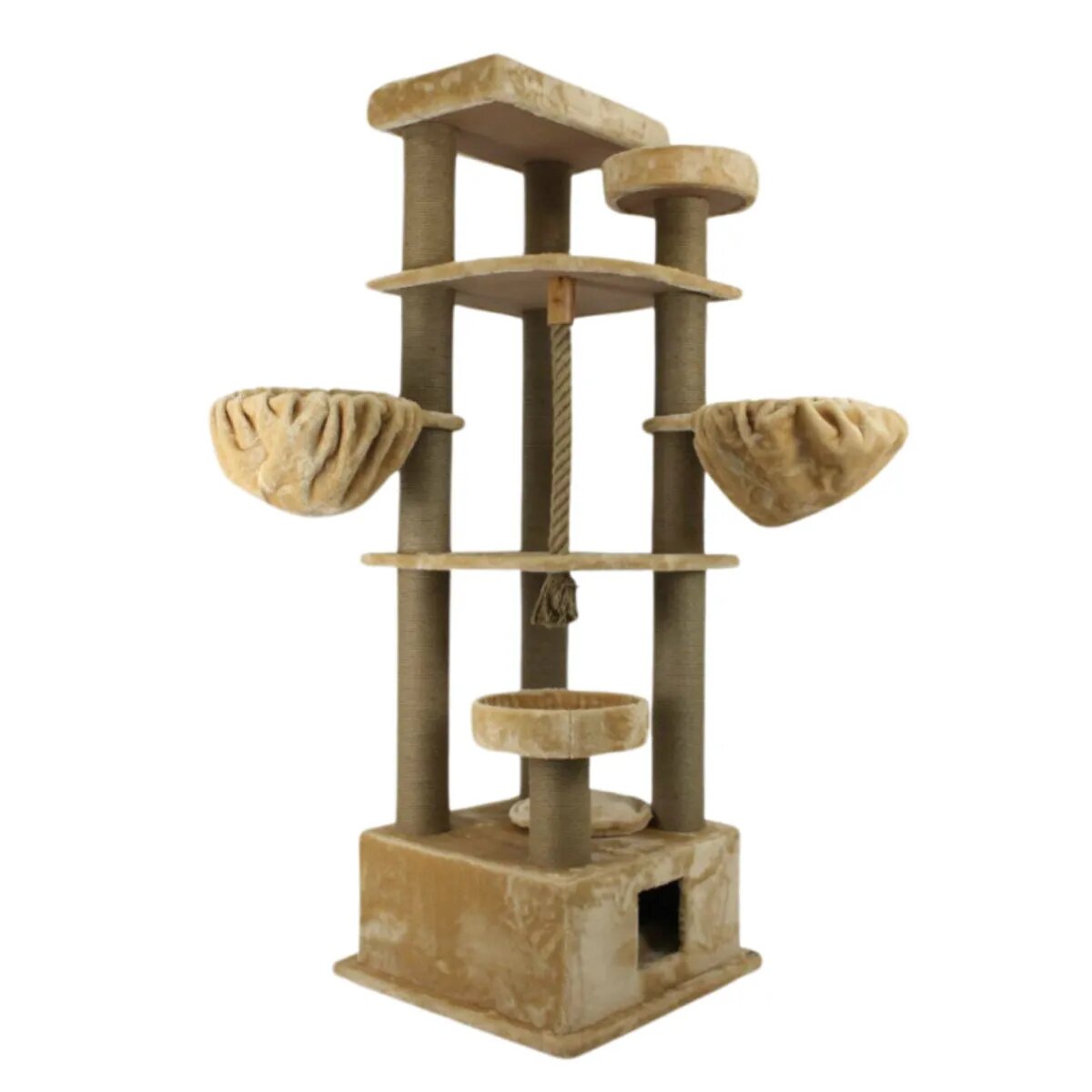 SHAW Lizbon ansamblu de joacă pisici 5 etaje 1 căsuța MDF și pluș elemente de zgâriat elemente hamac bej 85x140x203cm