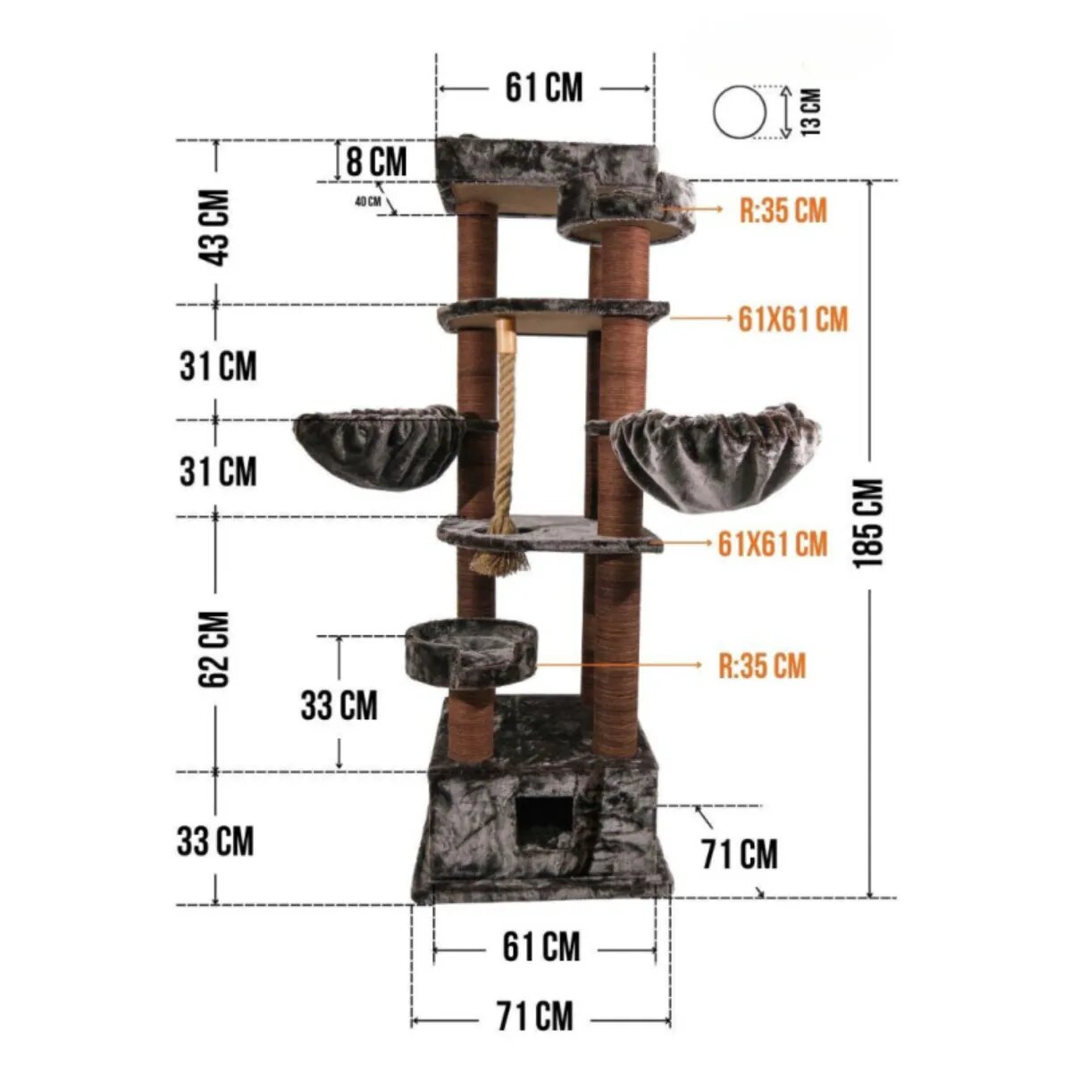 SHAW Lizbon ansamblu de joacă pisici 5 etaje 1 căsuța MDF și pluș elemente de zgâriat elemente hamac bej 85x140x203cm