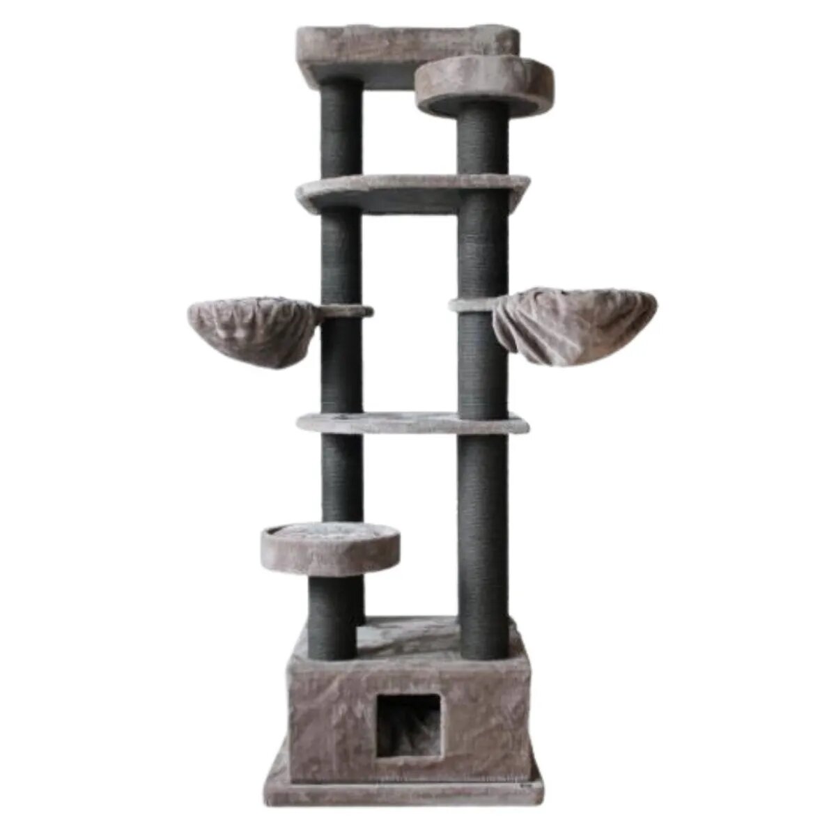 SHAW Lizbon ansamblu de joacă pisici 5 etaje 1 căsuța MDF și pluș elemente de zgâriat elemente hamac gri 85x140x203cm