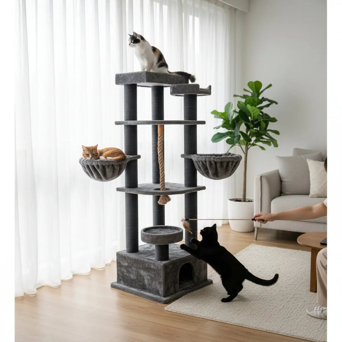 SHAW Lizbon ansamblu de joacă pisici 5 etaje 1 căsuța MDF și pluș elemente de zgâriat elemente hamac gri 85x140x203cm