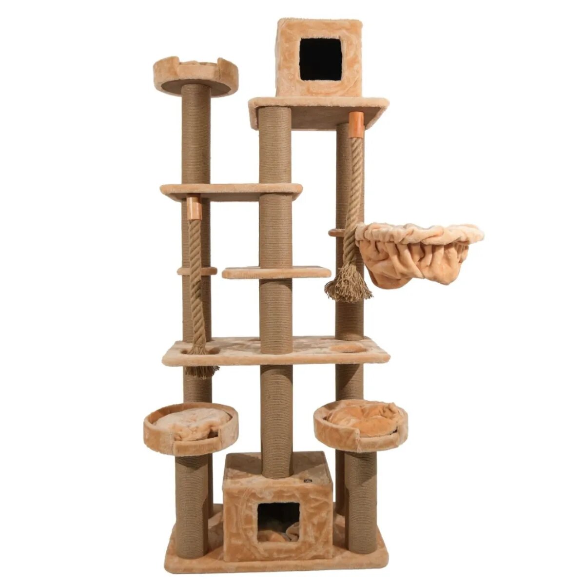 SHAW Los Angeles ansamblu de joacă pisici 7 etaje 2 căsuțe MDF și pluș elemente de zgâriat elemente hamac bej 55x135x205cm