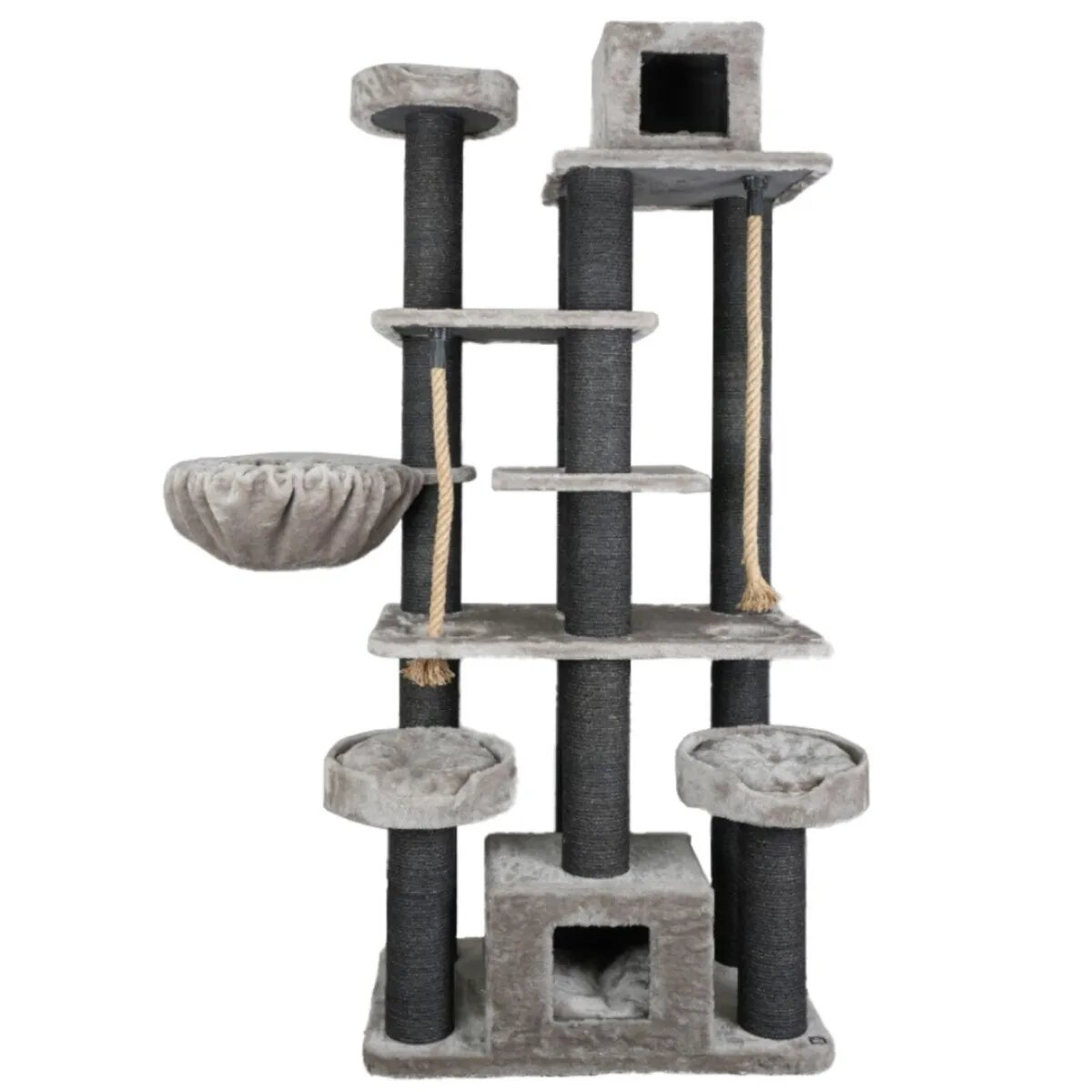SHAW Los Angeles ansamblu de joacă pisici 7 etaje 2 căsuțe MDF și pluș elemente de zgâriat elemente hamac gri 55x135x205cm