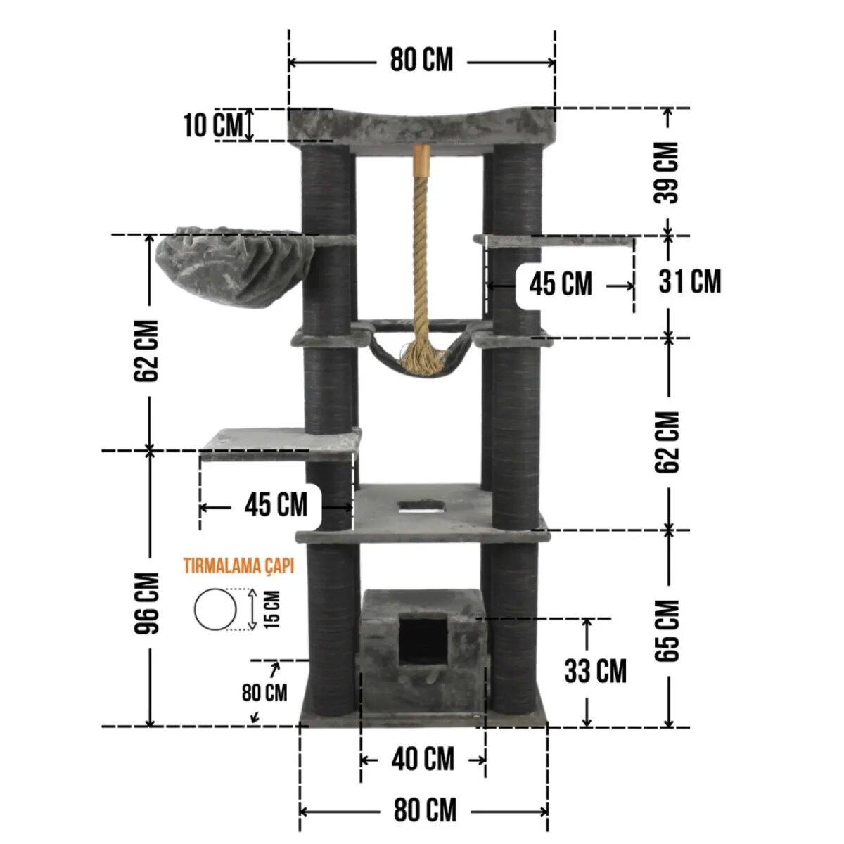 SHAW Madrid ansamblu de joacă pisici 4 etaje 1 căsuța MDF și pluș elemente de zgâriat elemente hamac bej 105x105x200cm