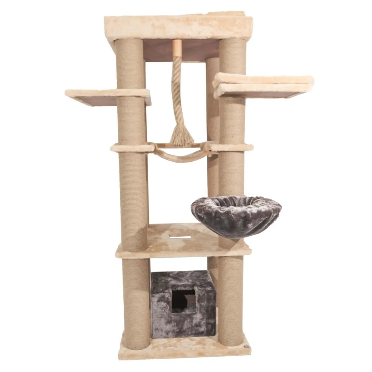 SHAW Madrid ansamblu de joacă pisici 4 etaje 1 căsuța MDF și pluș elemente de zgâriat elemente hamac bej 105x105x200cm