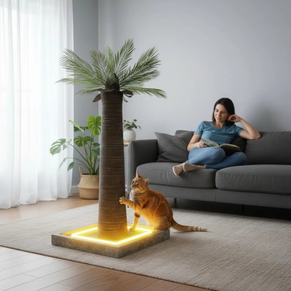 SHAW Palmier cu LED stâlp de zgâriat cilindric pisici MDF și sisal maro 45x45x92cm
