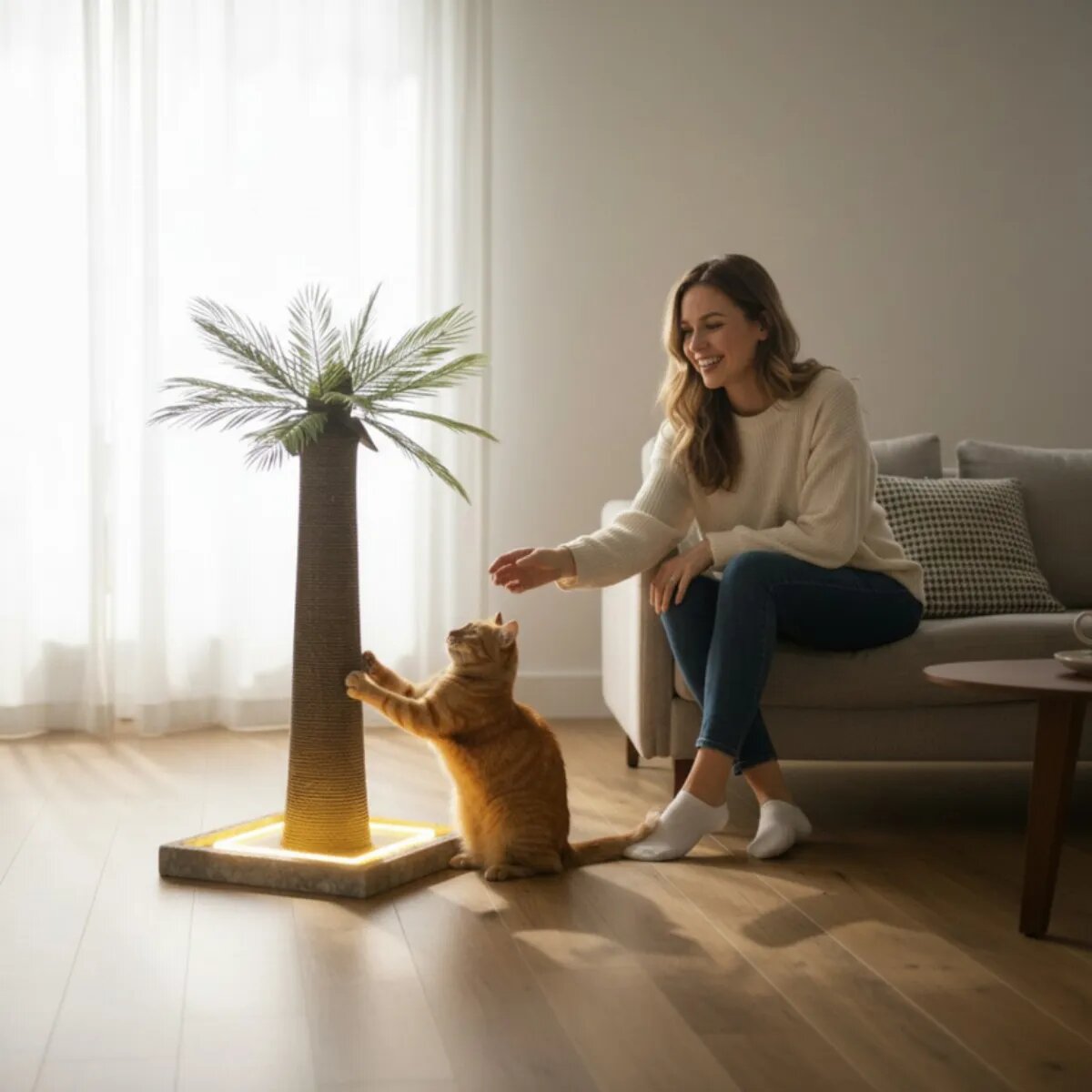 SHAW Palmier cu LED stâlp de zgâriat cilindric pisici MDF și sisal maro 45x45x92cm