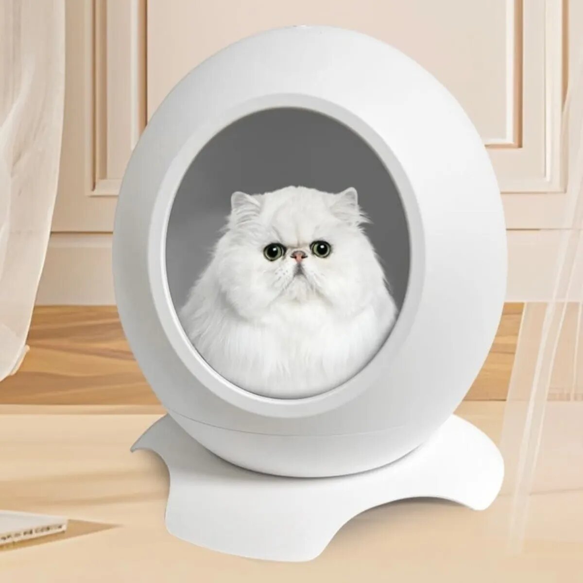 SHAW Pătuț Smart cu funcții de încălzire aplicație mobilă reglare temperatură și muzică căsuța rotundă pisici PVC alb 43x45.5x43cm