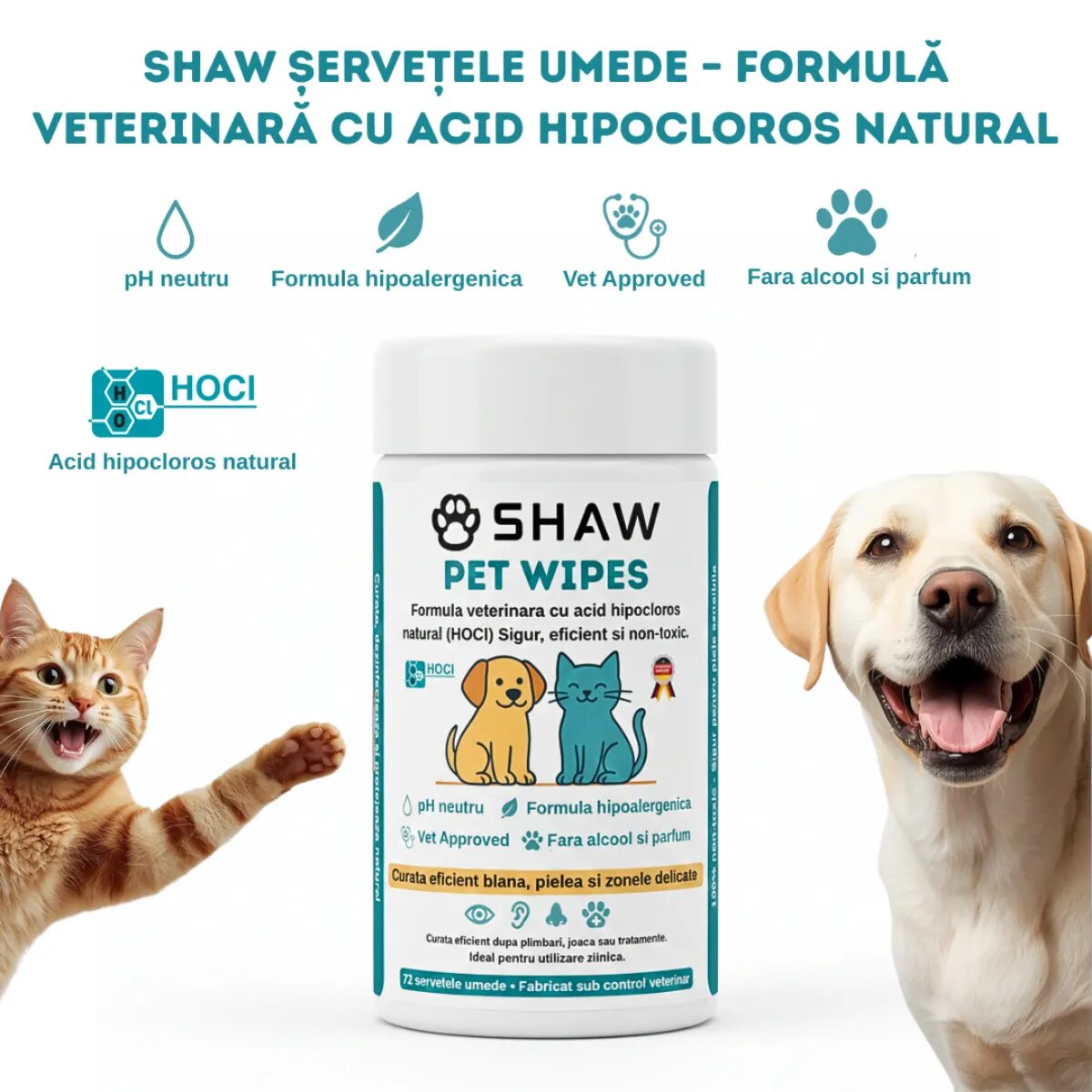 SHAW Pet Wipes cu acid hipocloros șervețele umede câini și pisici hipoalergenic flacon 72buc