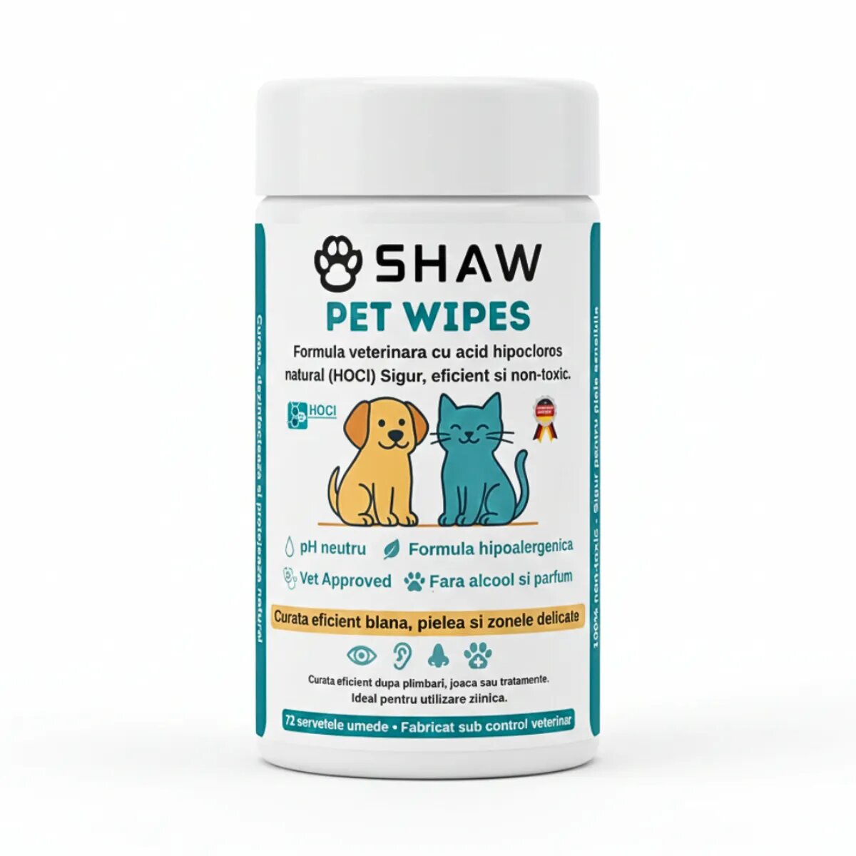 SHAW Pet Wipes cu acid hipocloros șervețele umede câini și pisici hipoalergenic flacon 72buc