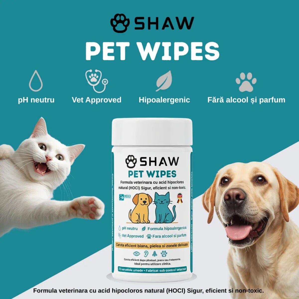 SHAW Pet Wipes cu acid hipocloros șervețele umede câini și pisici hipoalergenic flacon 72buc