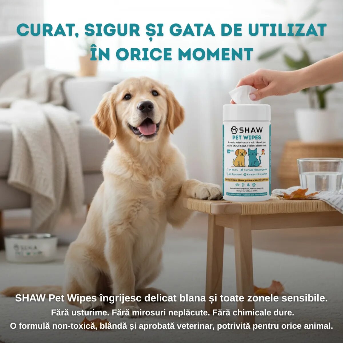 SHAW Pet Wipes cu acid hipocloros șervețele umede câini și pisici hipoalergenic flacon 72buc