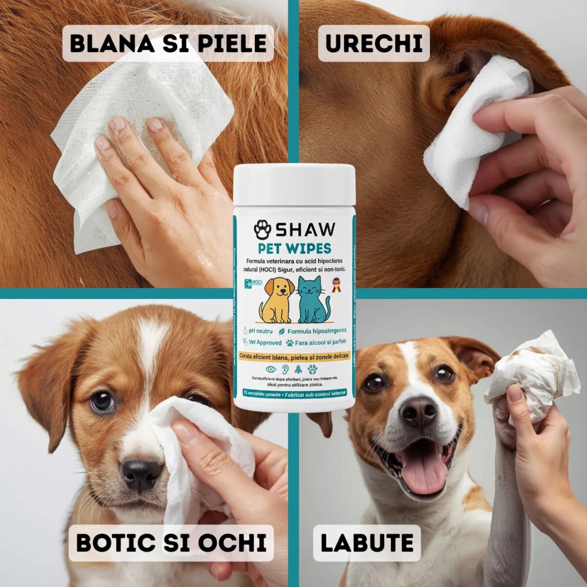 SHAW Pet Wipes cu acid hipocloros șervețele umede câini și pisici hipoalergenic flacon 72buc