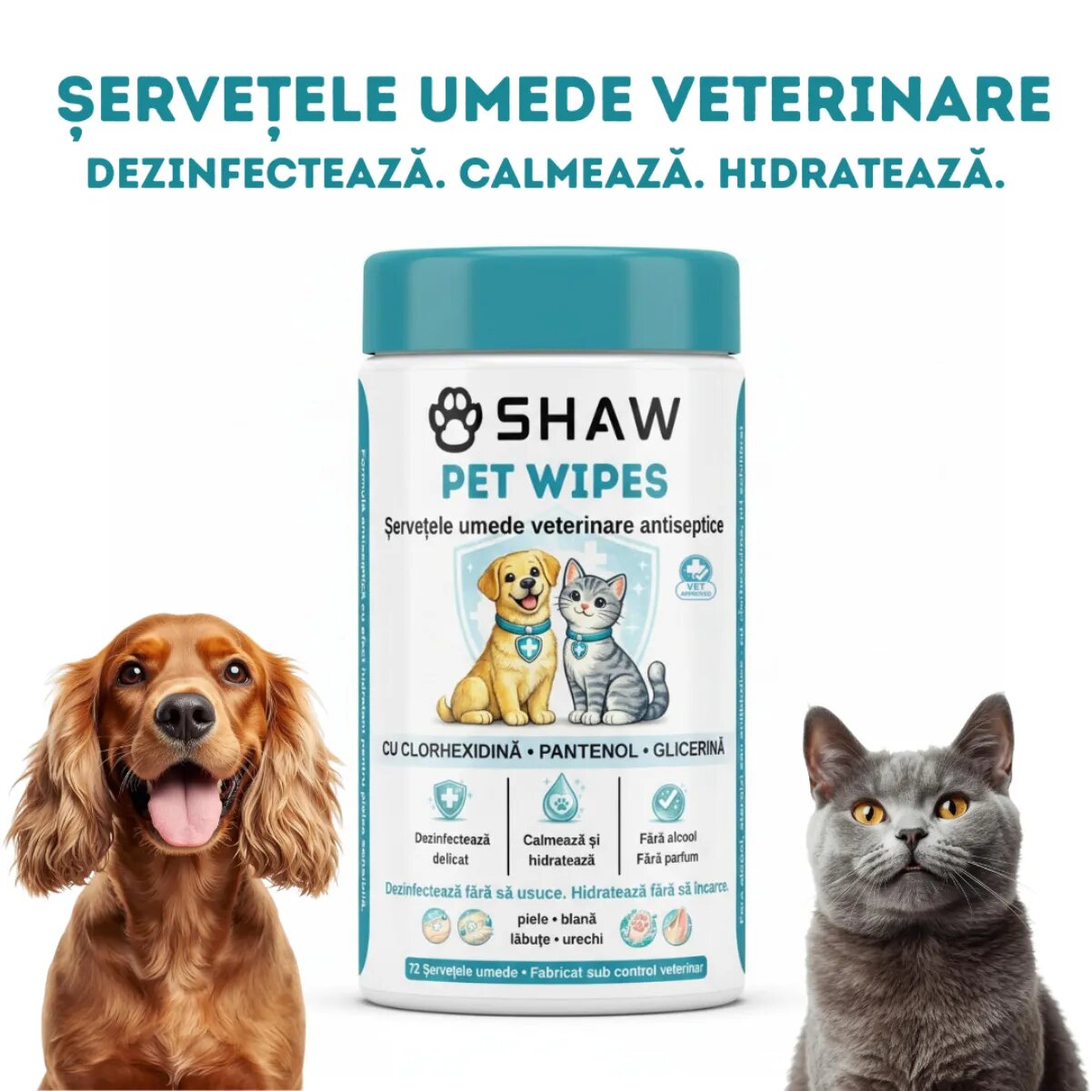 SHAW Pet Wipes cu Clorhexidina șervețele umede câini și pisici antibacteriene hidratant flacon 72buc