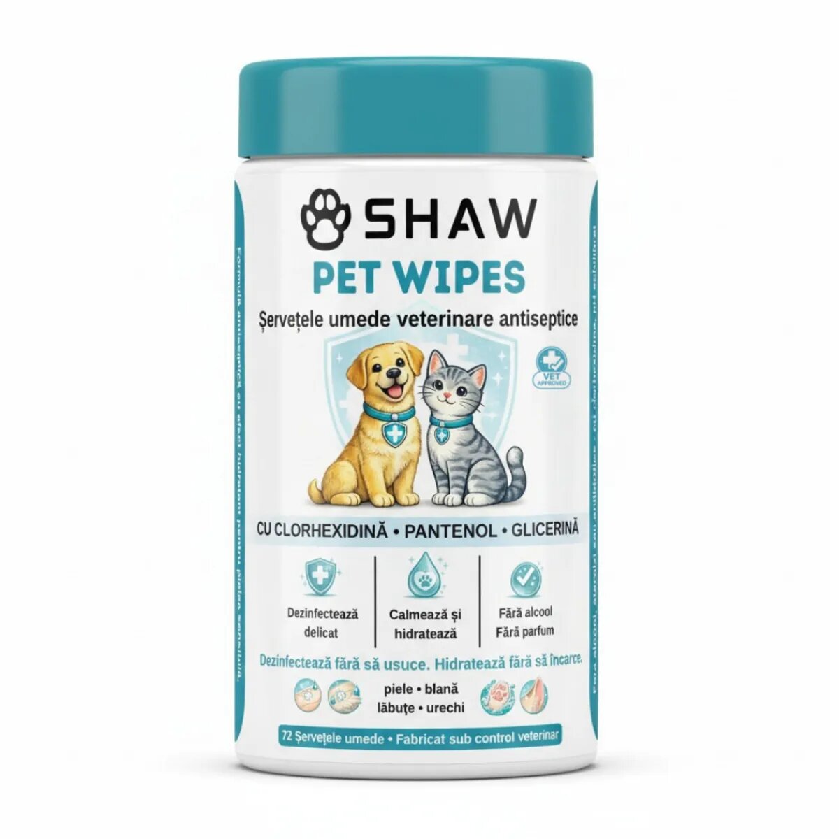 SHAW Pet Wipes cu Clorhexidina șervețele umede câini și pisici antibacteriene hidratant flacon 72buc