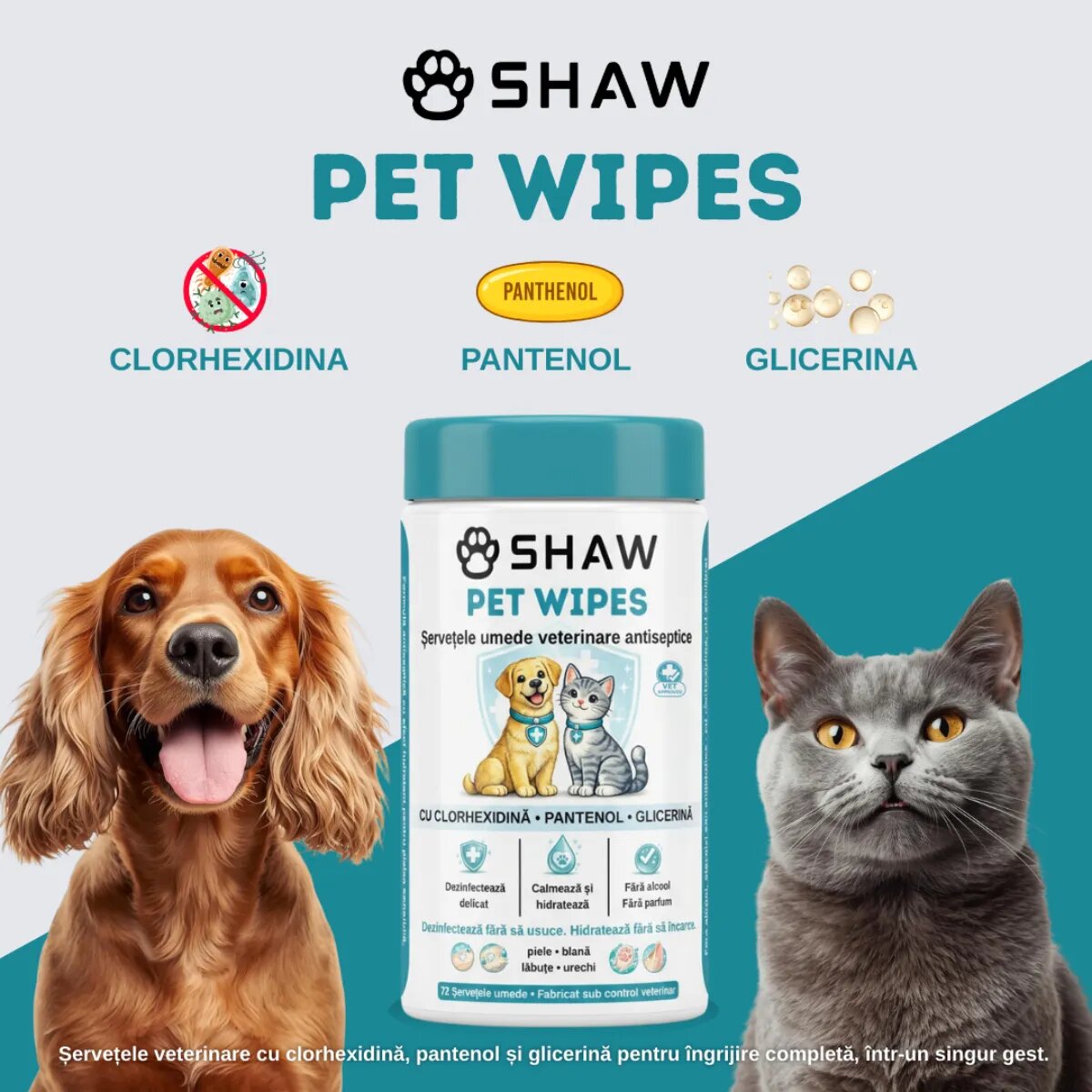 SHAW Pet Wipes cu Clorhexidina șervețele umede câini și pisici antibacteriene hidratant flacon 72buc