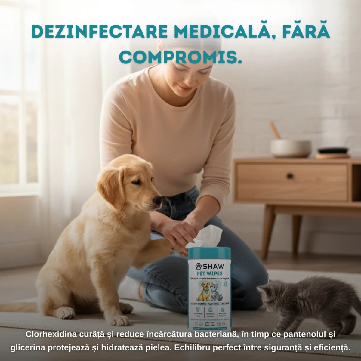 SHAW Pet Wipes cu Clorhexidina șervețele umede câini și pisici antibacteriene hidratant flacon 72buc