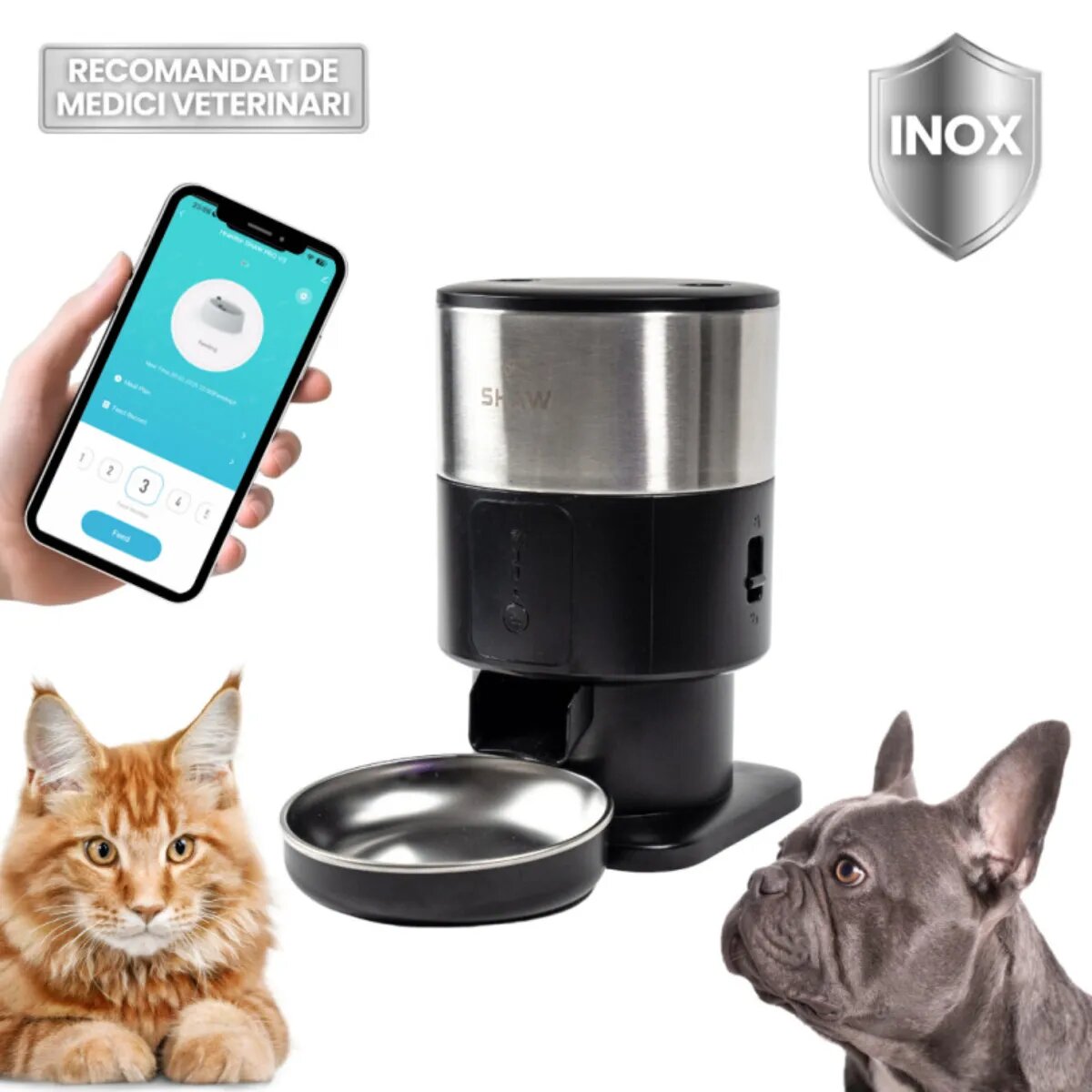 SHAW PRO V3 Mini hrănitor automat câini 1 bol rotund programabil aplicație mobilă PVC PRO V3 Mini hrănitor automat câini și pisici 1 bol rotund programabil aplicație mobilă PVC negru XS-S(2l)
