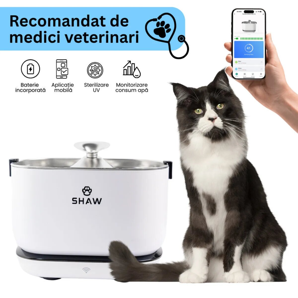 SHAW PRO V3 Smart fântână câini dreptunghiulară senzor aplicație mobilă sistem filtrare PVC PRO V3 Smart fântână câini și pisici dreptunghiulară senzor aplicație mobilă sistem filtrare PVC alb 2.5l