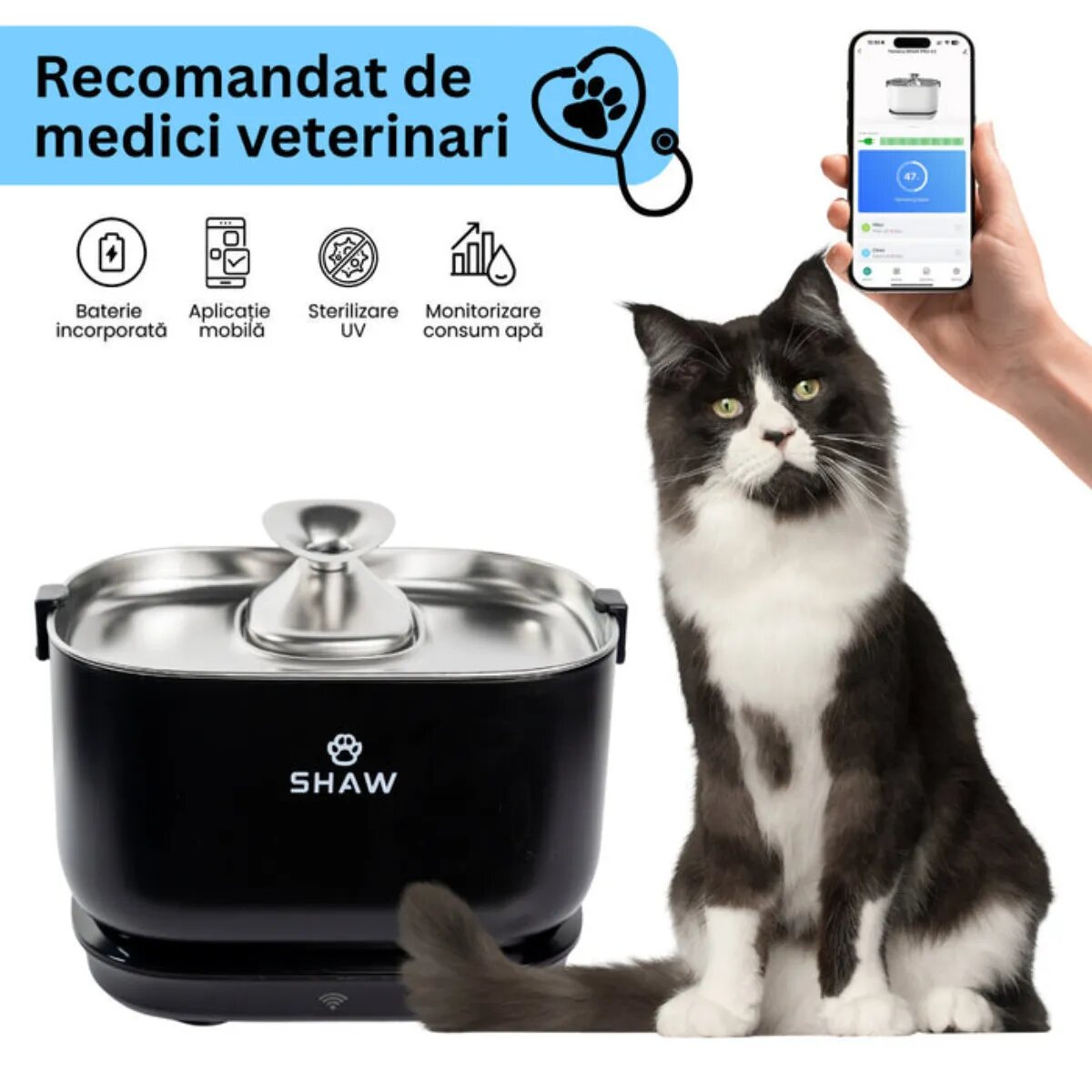 SHAW PRO V3 Smart fântână câini dreptunghiulară senzor aplicație mobilă sistem filtrare PVC PRO V3 Smart fântână câini și pisici dreptunghiulară senzor aplicație mobilă sistem filtrare PVC negru 2.5l