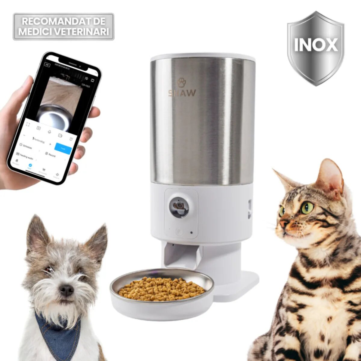 SHAW Smart PRO V3 hrănitor automat câini 1 bol rotund programabil aplicație mobilă PVC Smart PRO V3 hrănitor automat câini și pisici 1 bol rotund programabil aplicație mobilă PVC alb XS-S(5l)