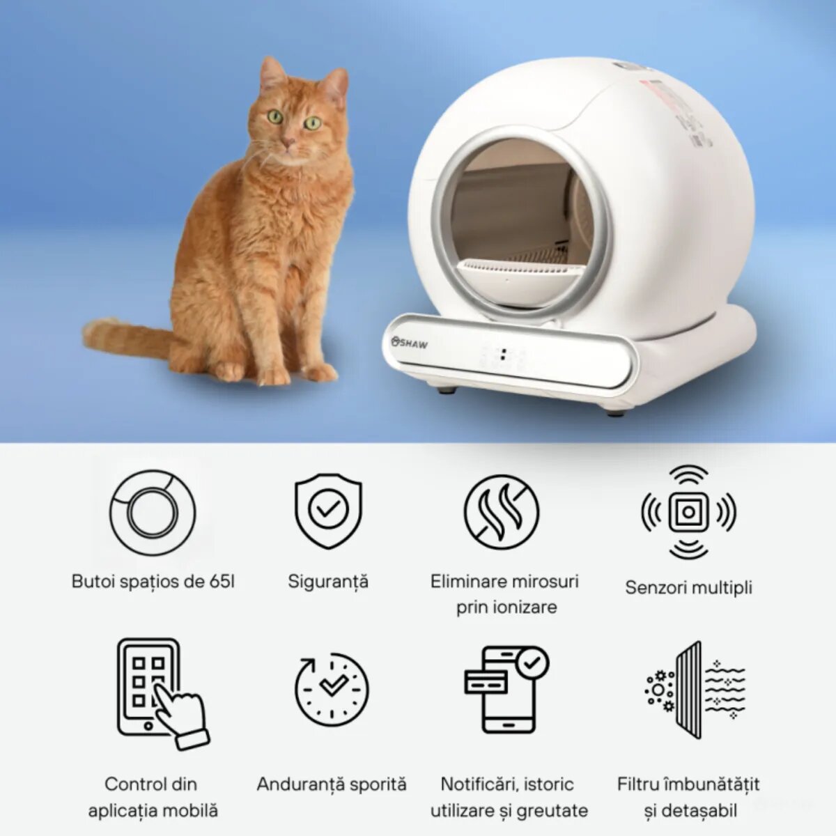 SHAW Smart V3 litieră automată pisici cu filtru auto-curățare aplicație mobilă ionizare alb 48x50.1 cm