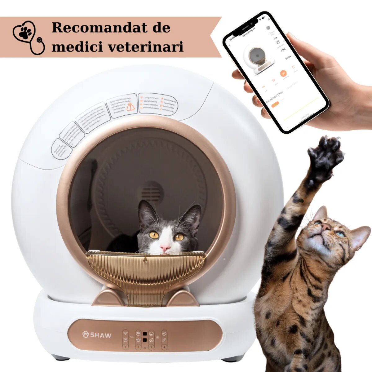 SHAW Smart V4 litieră automată pisici auto-curățare ionizare aplicație mobilă alb și auriu 480x505 cm