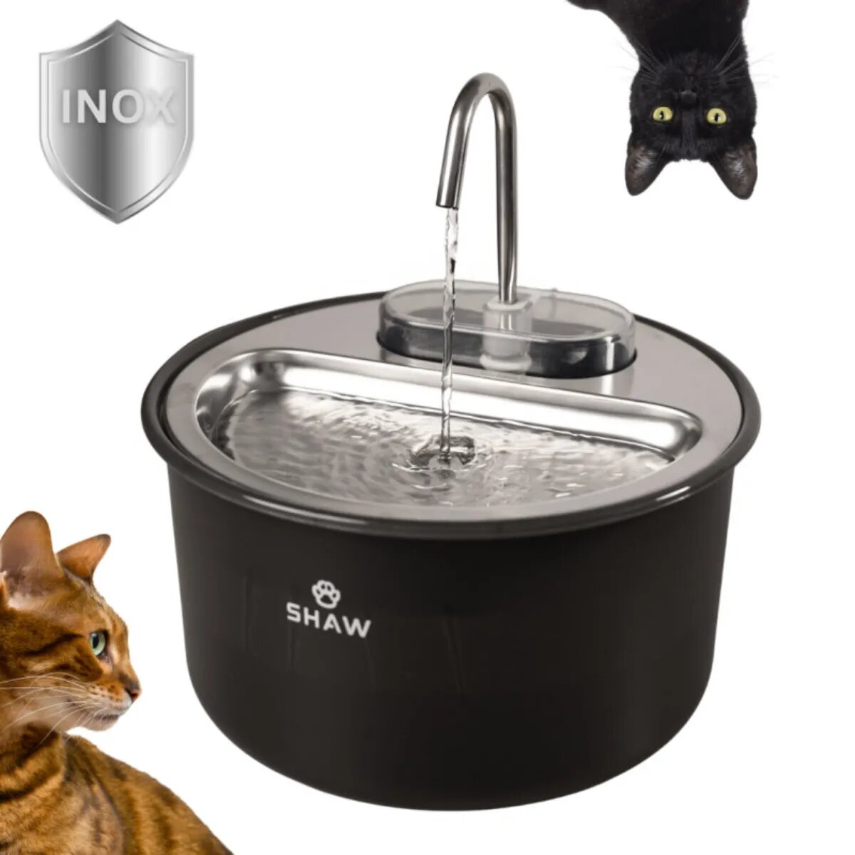 SHAW Tip Robinet fântână câini rotundă inox Tip Robinet fântână câini și pisici rotundă inox negru XS-M(4l)