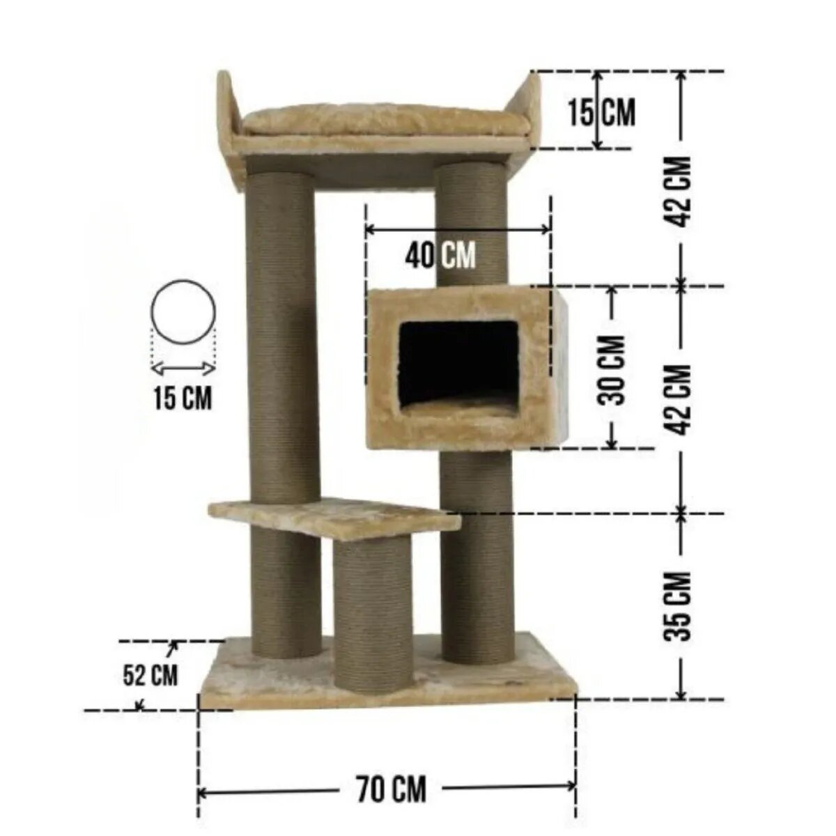 SHAW Toulouse ansamblu de joacă pisici 3 etaje 1 căsuța MDF și pluș elemente de zgâriat bej 70x70x120cm