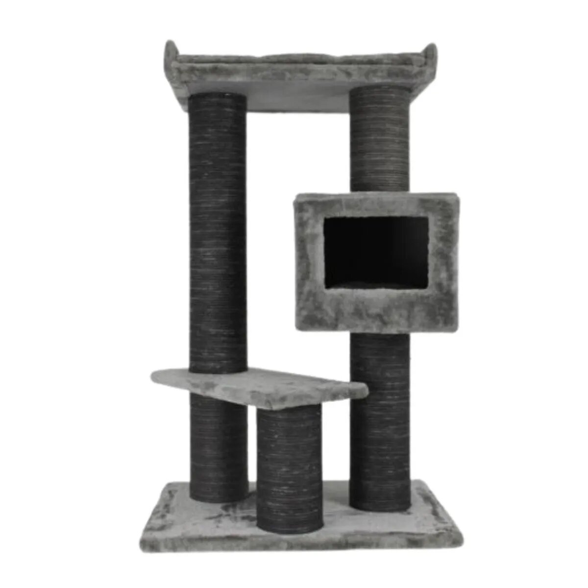 SHAW Toulouse ansamblu de joacă pisici 3 etaje 1 căsuța MDF și pluș elemente de zgâriat gri 70x70x120cm