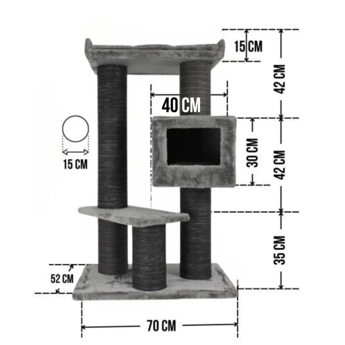 SHAW Toulouse ansamblu de joacă pisici 3 etaje 1 căsuța MDF și pluș elemente de zgâriat gri 70x70x120cm