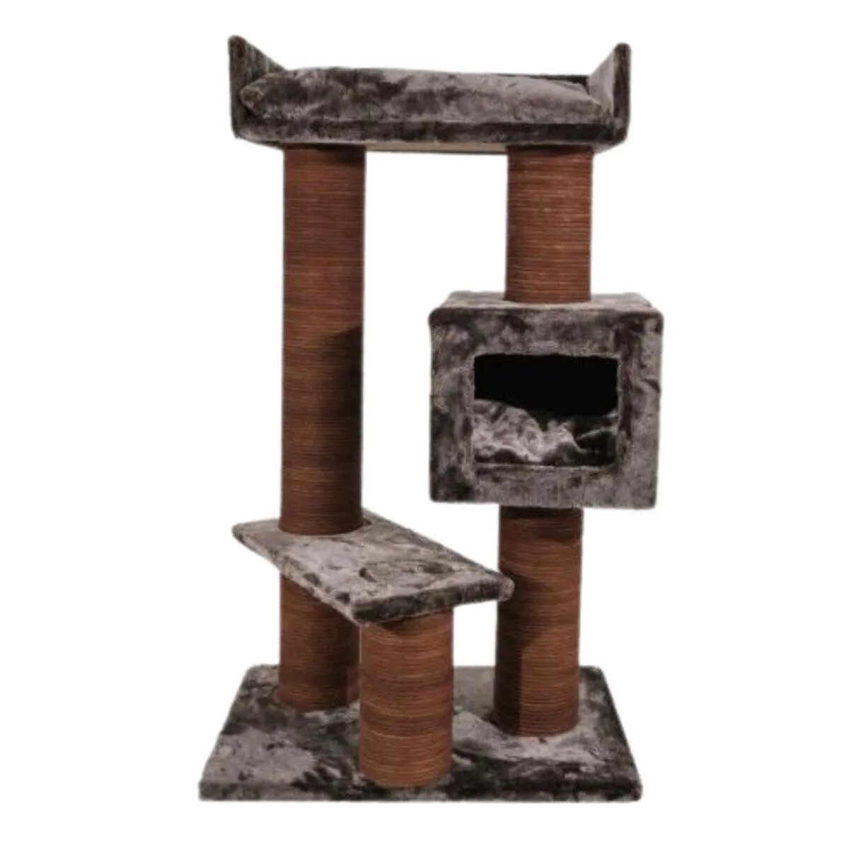 SHAW Toulouse ansamblu de joacă pisici 3 etaje 1 căsuța MDF și pluș elemente de zgâriat maro 70x70x120cm