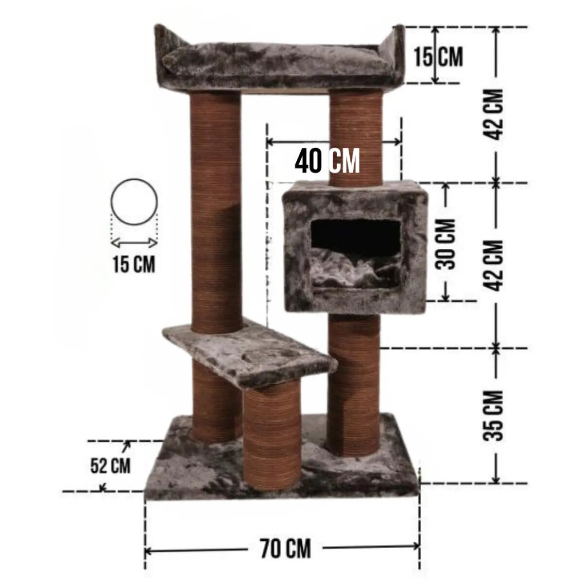SHAW Toulouse ansamblu de joacă pisici 3 etaje 1 căsuța MDF și pluș elemente de zgâriat maro 70x70x120cm