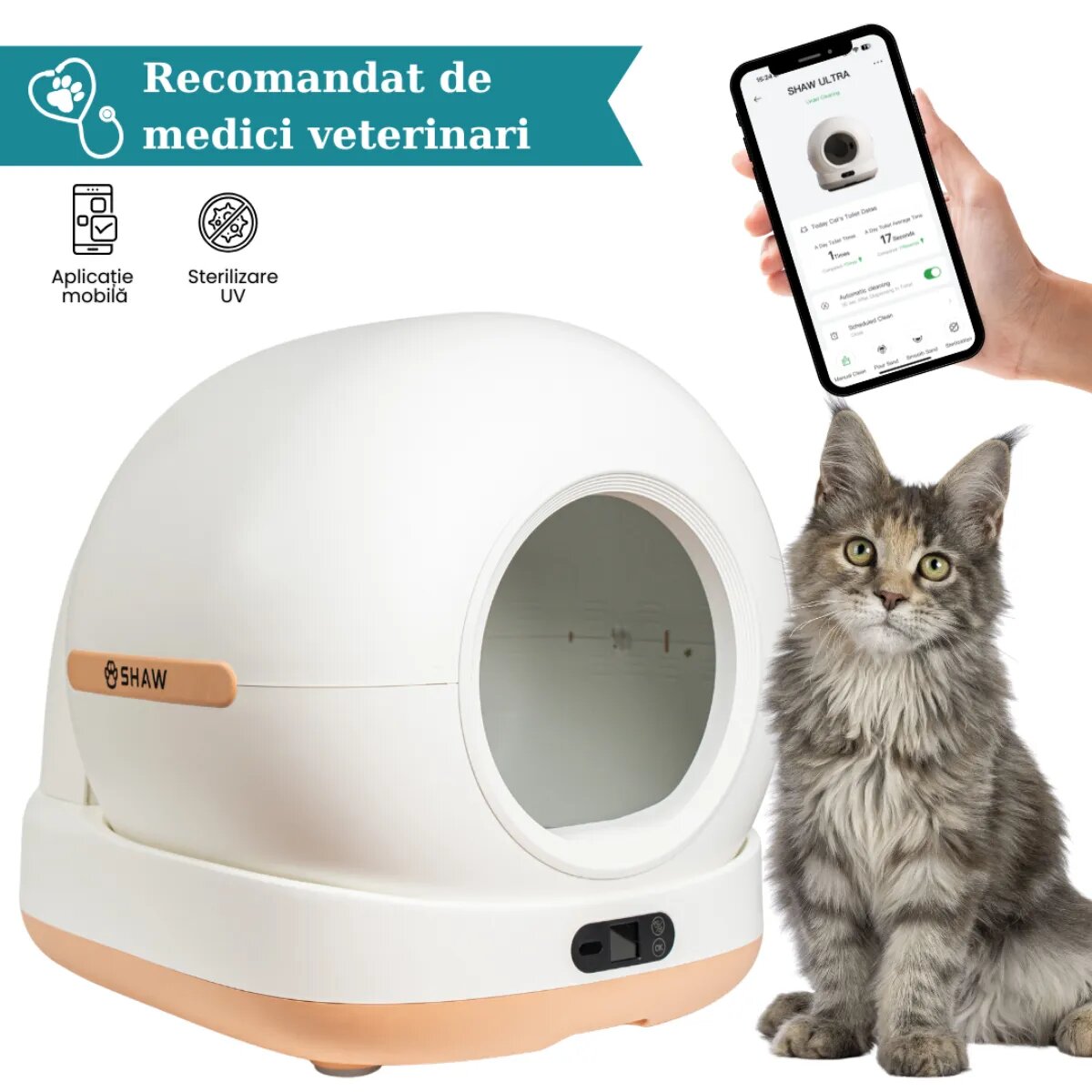 SHAW Ultra litieră automată pisici auto-curățare sterilizare UV aplicație mobilă bej 58.19x51.34x53 cm