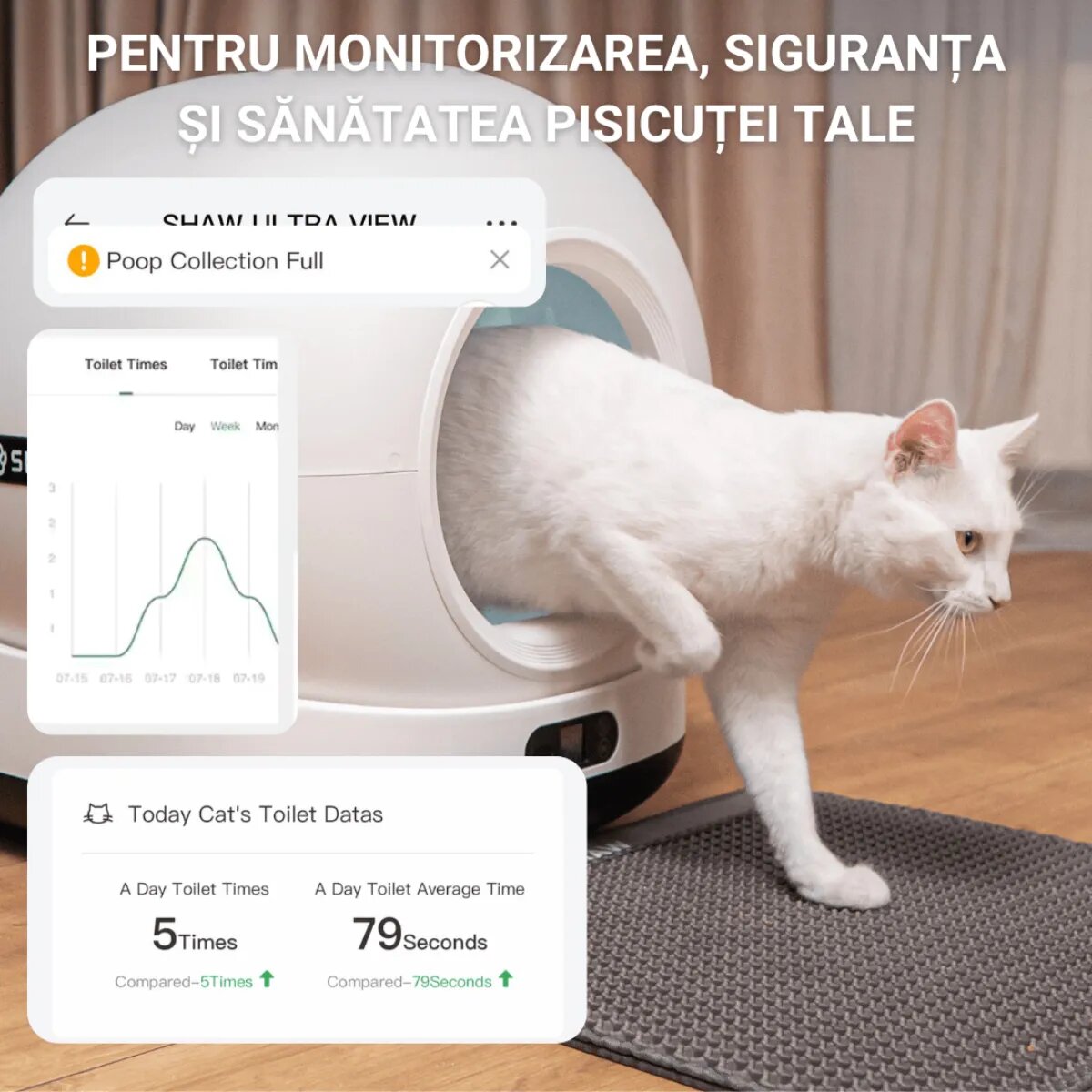SHAW Ultra litieră automată pisici auto-curățare sterilizare UV aplicație mobilă bej 58.19x51.34x53 cm