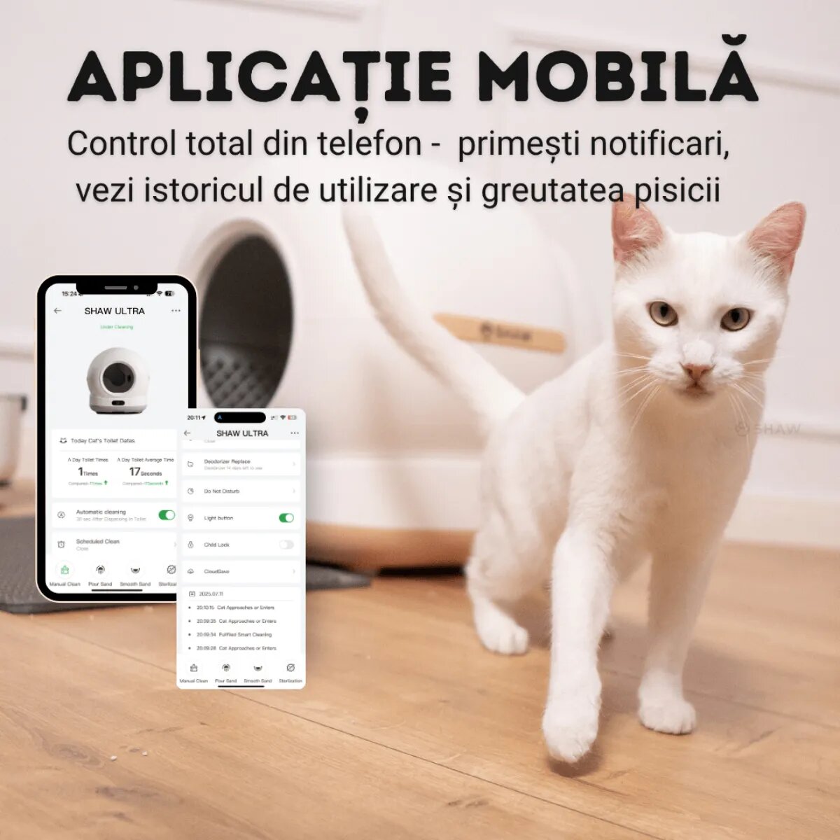 SHAW Ultra litieră automată pisici auto-curățare sterilizare UV aplicație mobilă bej 58.19x51.34x53 cm