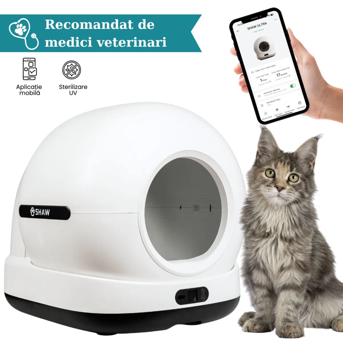 SHAW Ultra litieră automată pisici auto-curățare sterilizare UV aplicație mobilă negru 58.19x51.34x53 cm