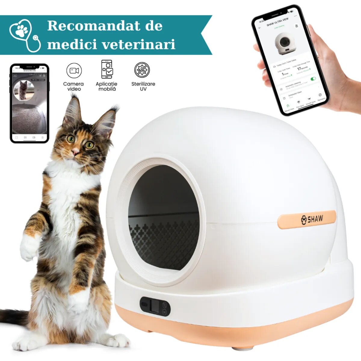 SHAW Ultra View litieră automată pisici auto-curățare sterilizare UV aplicație mobilă alb și bej 58.19x51.34x53 cm
