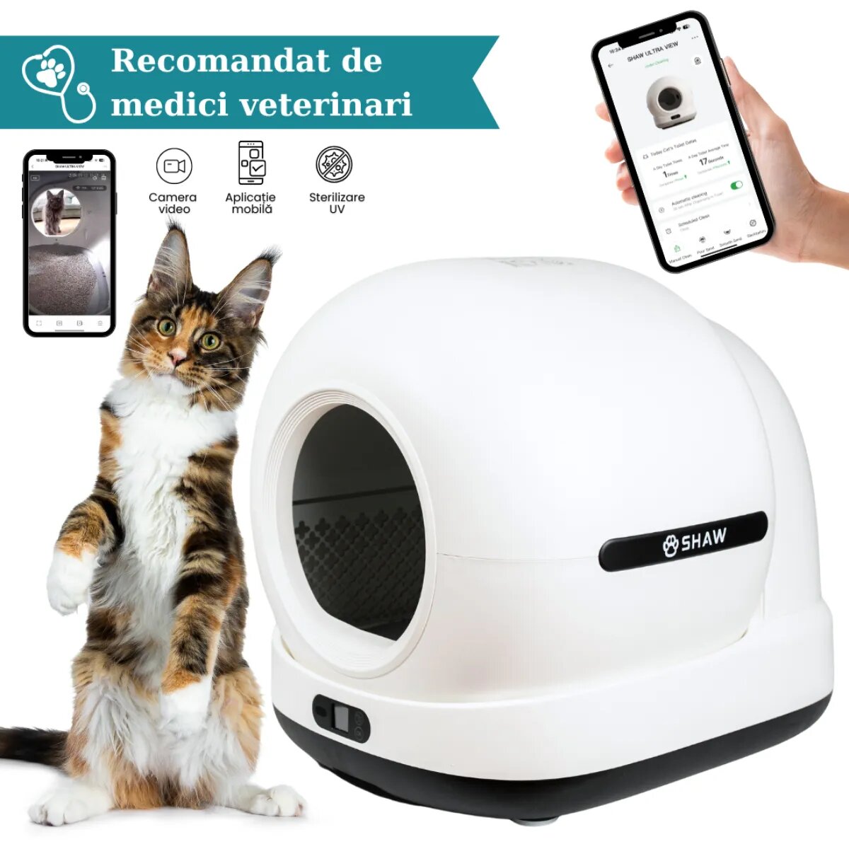 SHAW Ultra View litieră automată pisici auto-curățare sterilizare UV aplicație mobilă alb și negru 58.19x51.34x53 cm