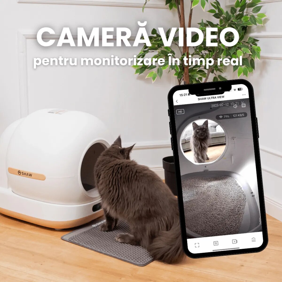 SHAW Ultra View litieră automată pisici auto-curățare sterilizare UV aplicație mobilă alb și negru 58.19x51.34x53 cm