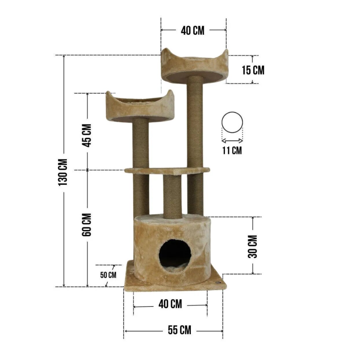 SHAW Warsaw ansamblu de joacă pisici 3 etaje 1 căsuța MDF și pluș elemente de zgâriat bej 65x80x130cm