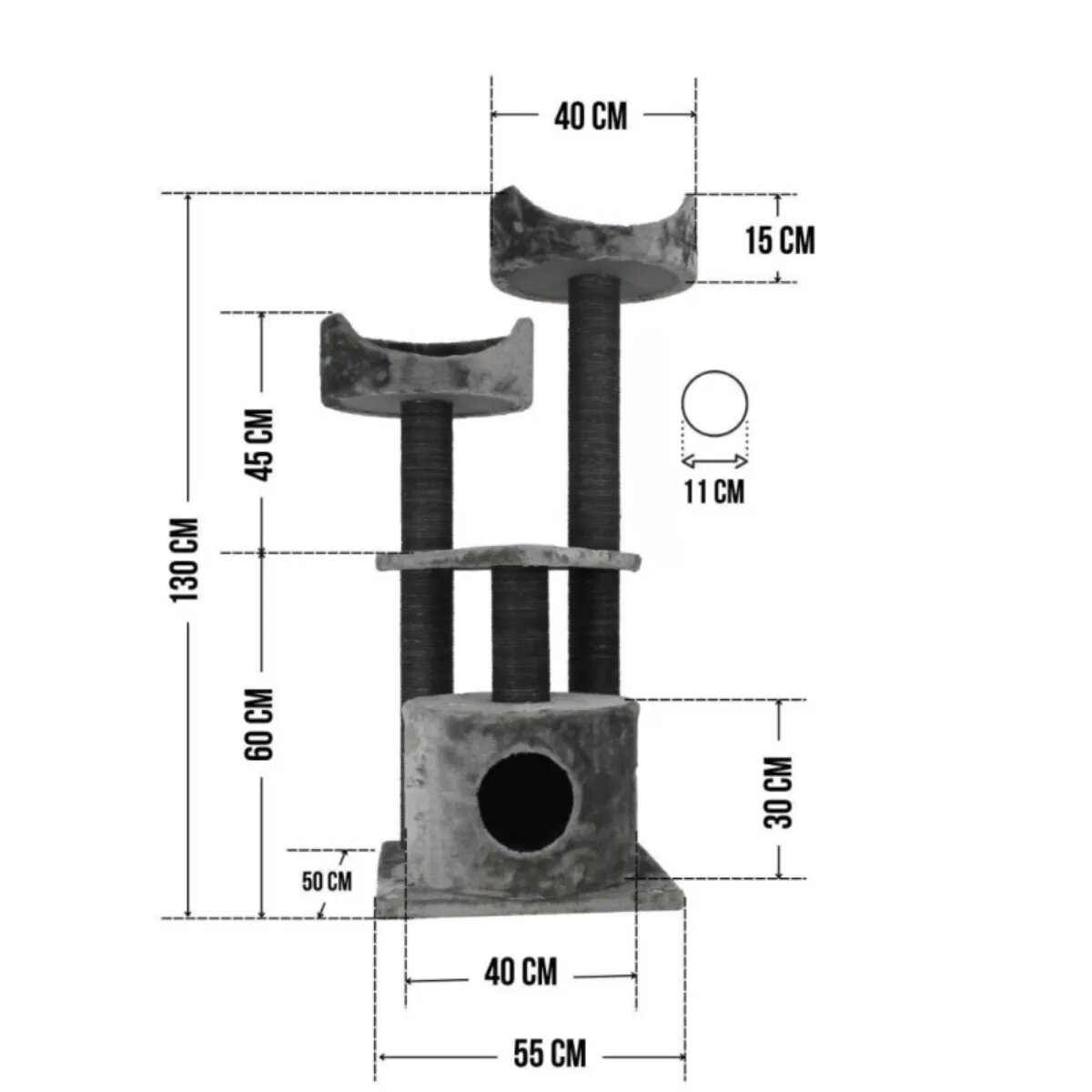 SHAW Warsaw ansamblu de joacă pisici 3 etaje 1 căsuța MDF și pluș elemente de zgâriat gri 65x80x130cm