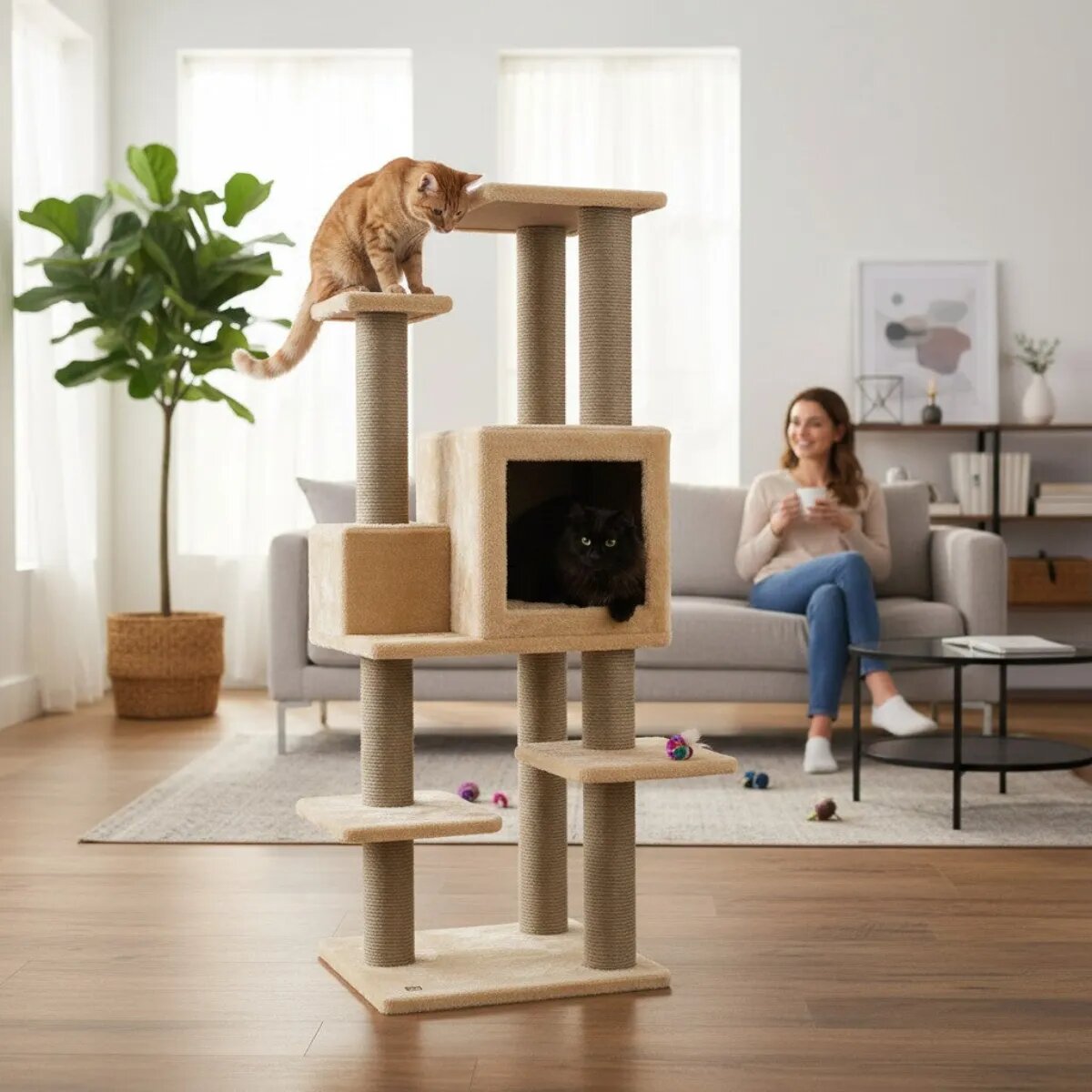 SHAW Zurih ansamblu de joacă pisici 7 etaje 1 căsuța MDF și pluș elemente de zgâriat bej 55x80x150cm