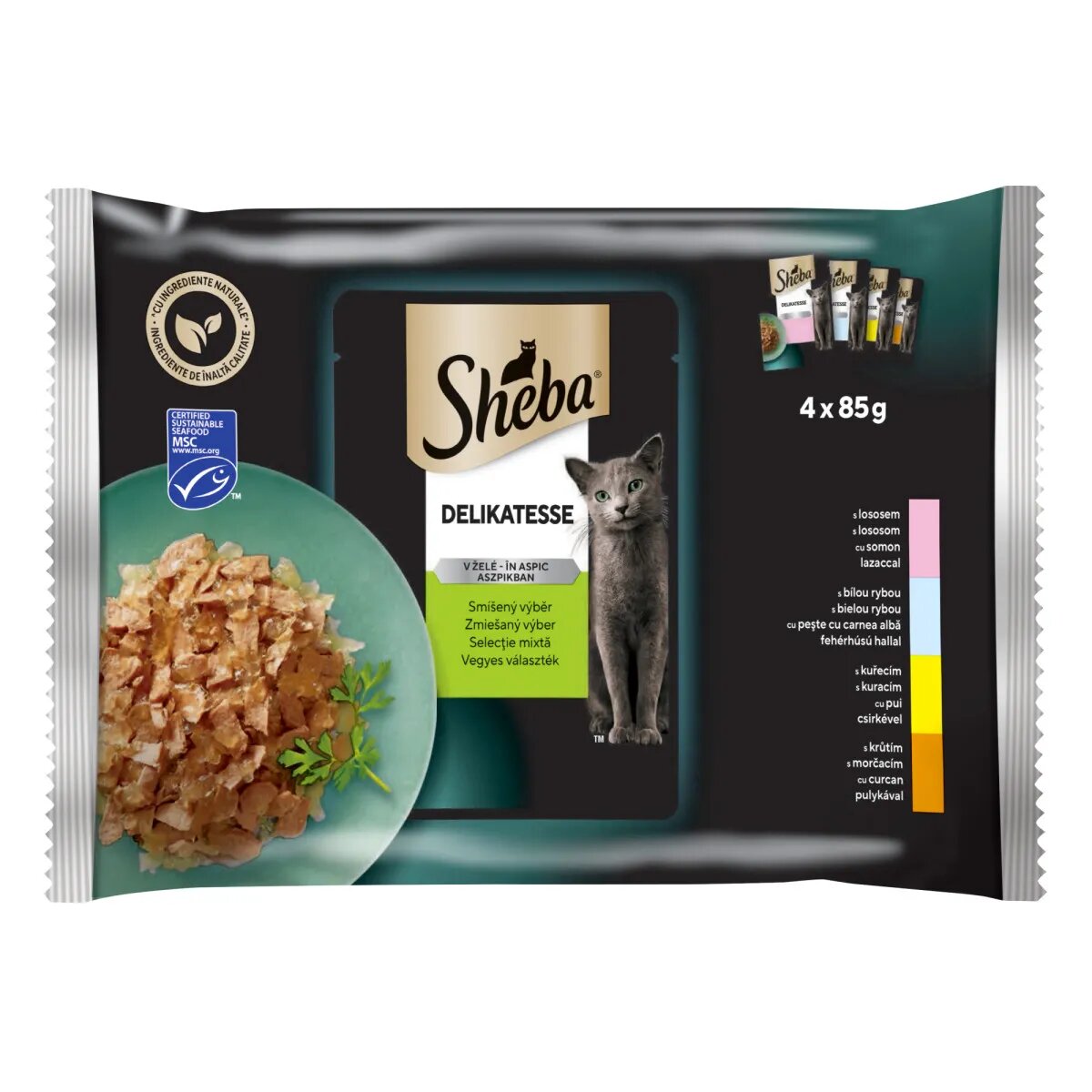 SHEBA Delicatese Selectii Mixte Carne și Pește plic hrană umedă pisici (în aspic) multipack 85g x 4buc