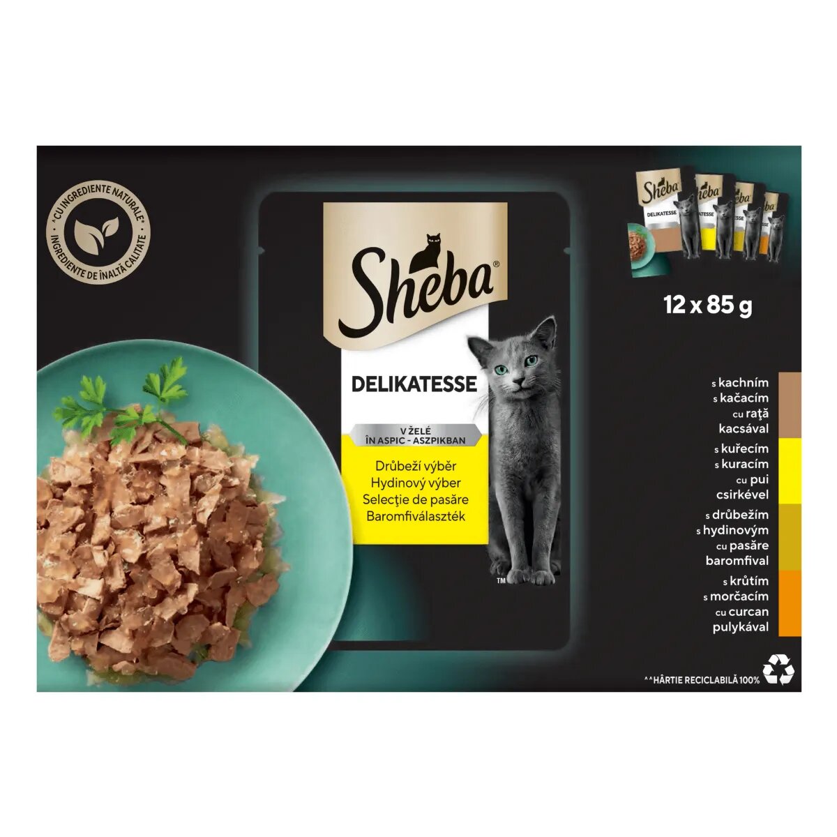 SHEBA Delikatesse Selectie Mixta Rata Pui Pasăre și Curcan plic hrană umedă pisici (în aspic) multipack 85g x 12buc