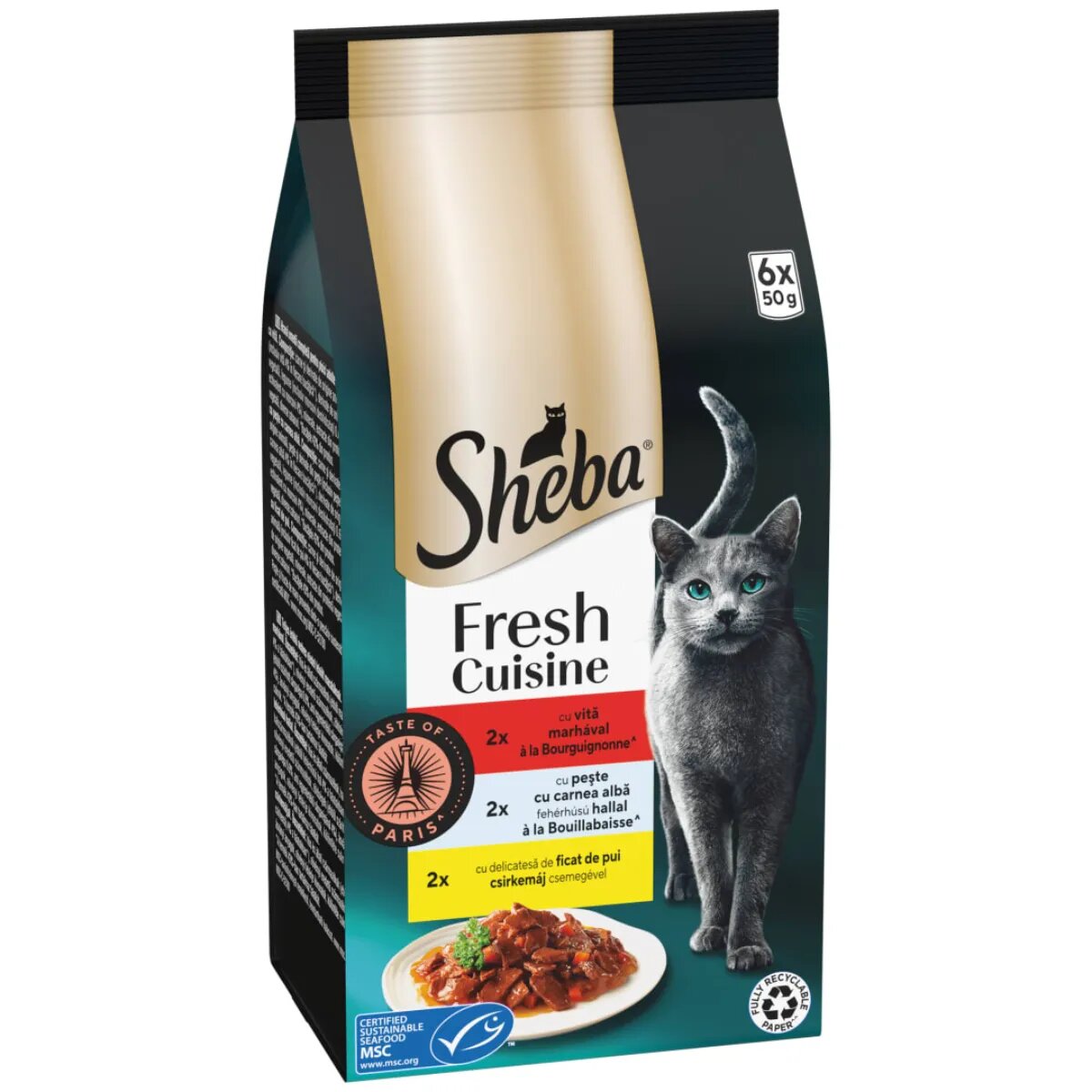 SHEBA Fresh Cuisine Taste of Paris Selectie Mixta cu Vita Pește și Ficat plic hrană umedă pisici (în sos) multipack 50g x 6buc