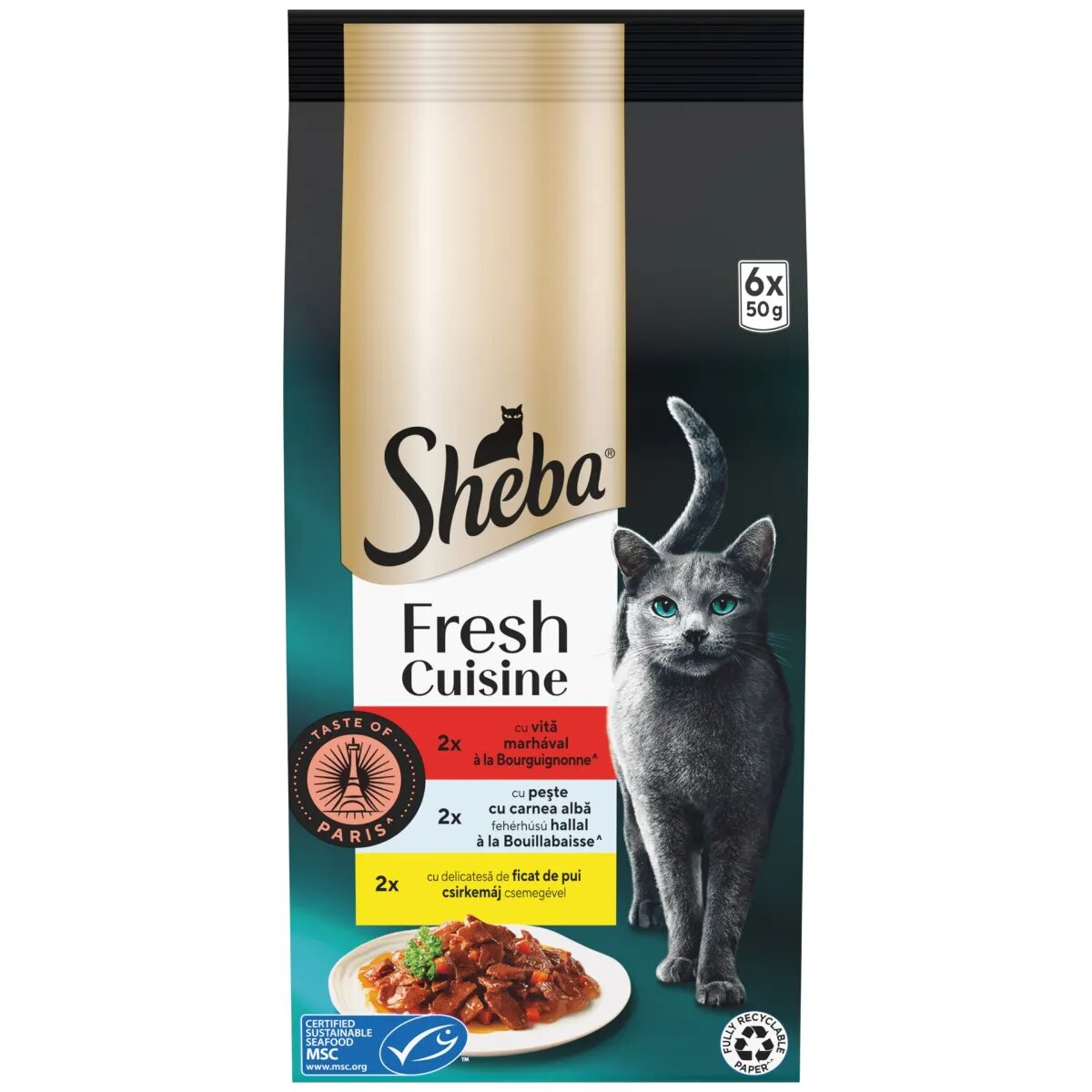 SHEBA Fresh Cuisine Taste of Paris Selectie Mixta cu Vita Pește și Ficat plic hrană umedă pisici (în sos) multipack 50g x 6buc