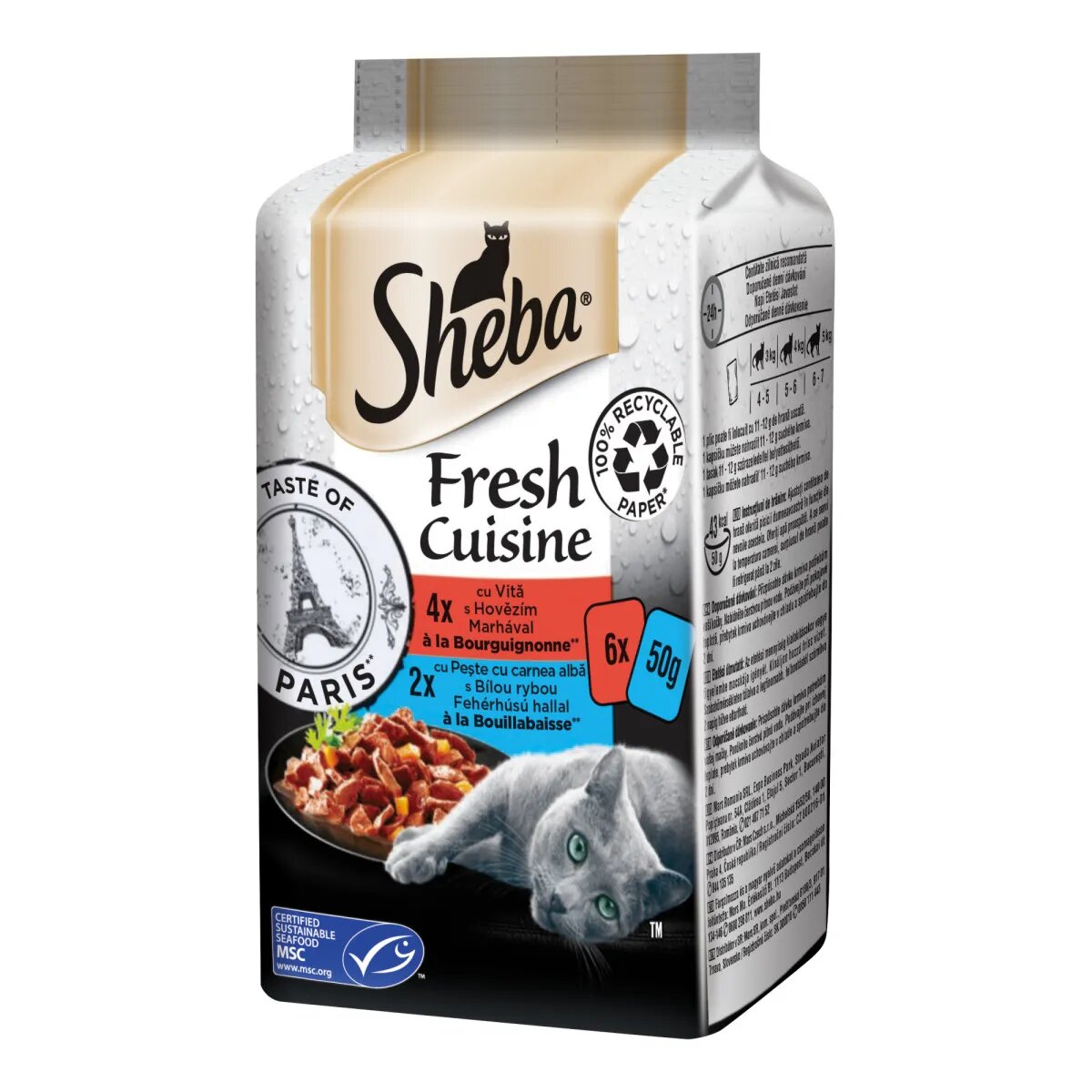 SHEBA Fresh Cuisine Taste of Paris Vită și Pește plic hrană umedă pisici (în supă) multipack 50g x 6buc
