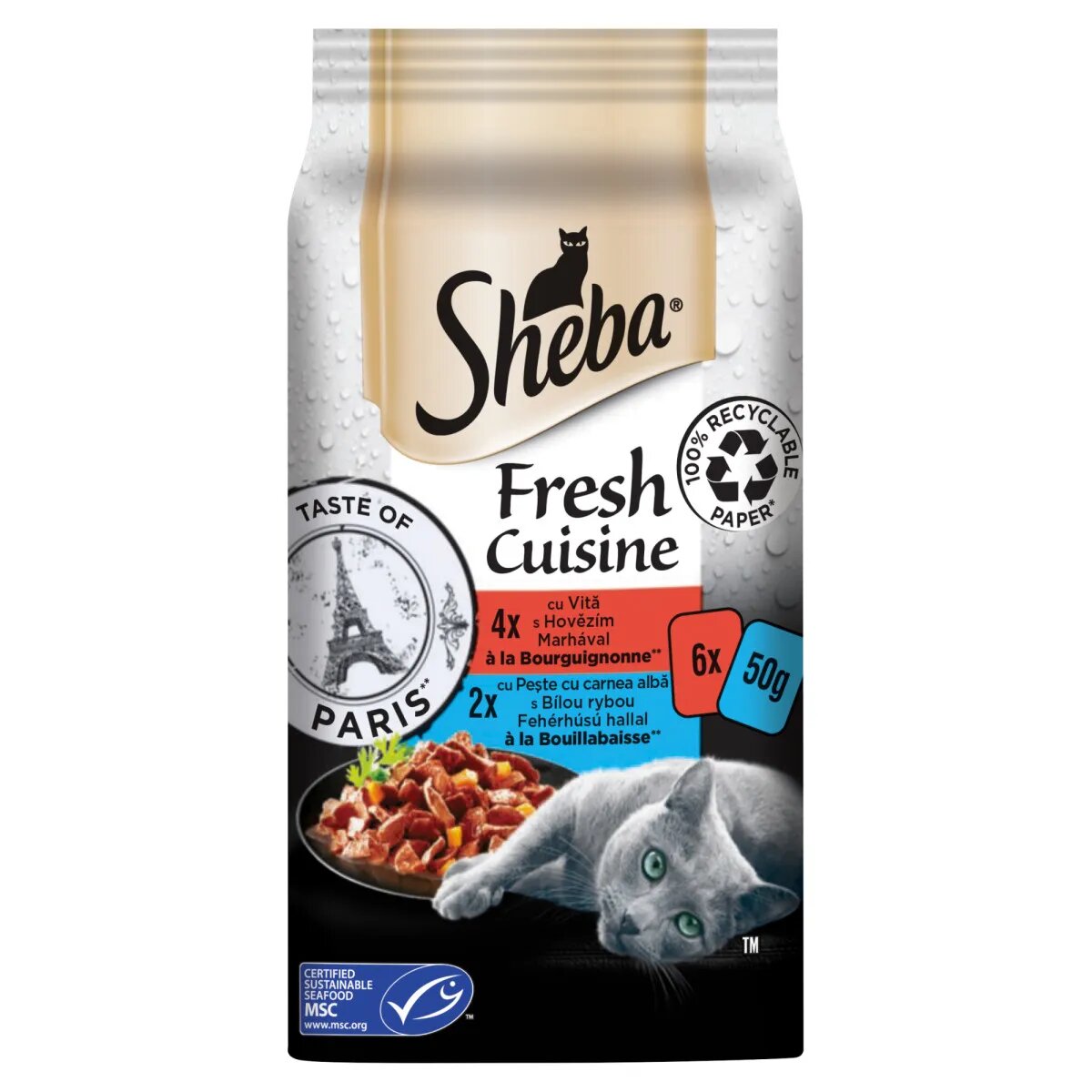 SHEBA Fresh Cuisine Taste of Paris Vită și Pește plic hrană umedă pisici (în supă) multipack 50g x 6buc