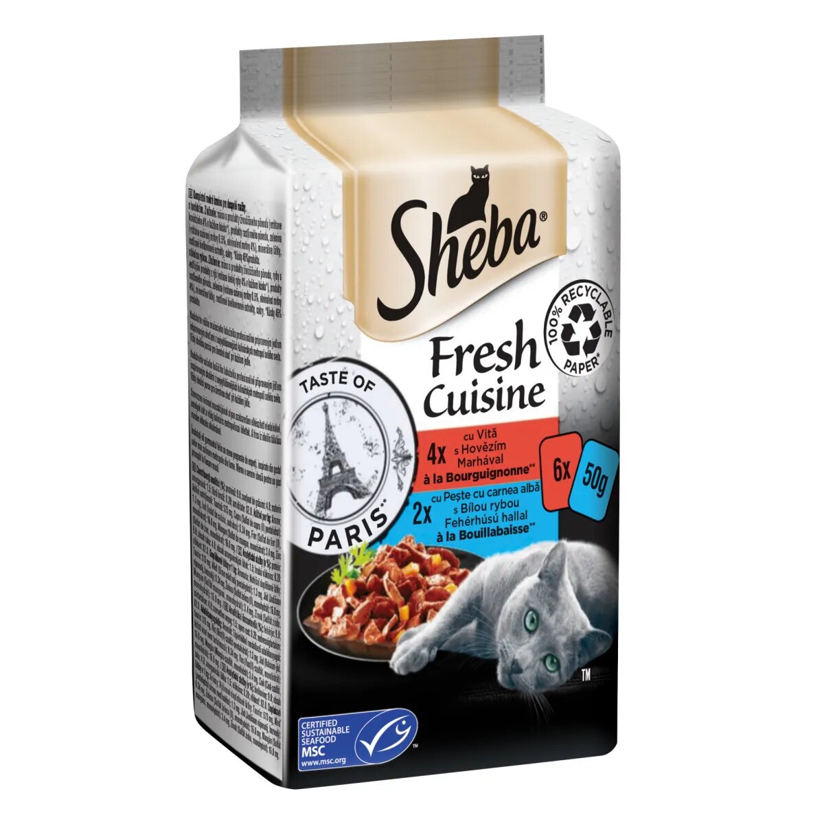 SHEBA Fresh Cuisine Taste of Paris Vită și Pește plic hrană umedă pisici (în supă) multipack 50g x 6buc