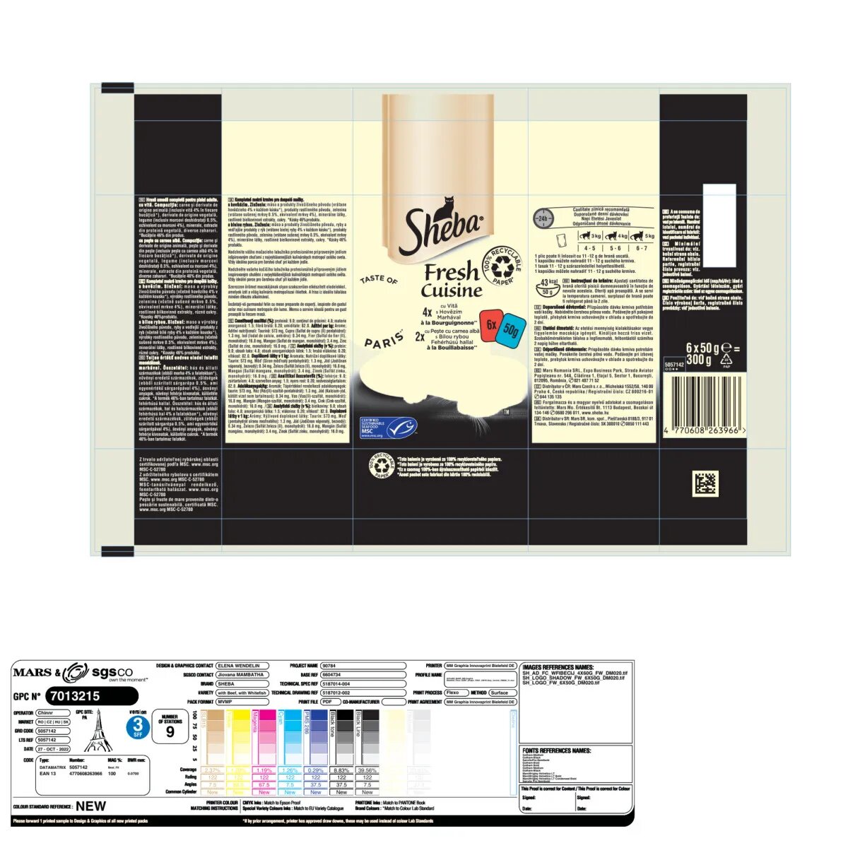 SHEBA Fresh Cuisine Taste of Paris Vită și Pește plic hrană umedă pisici (în supă) multipack 50g x 6buc